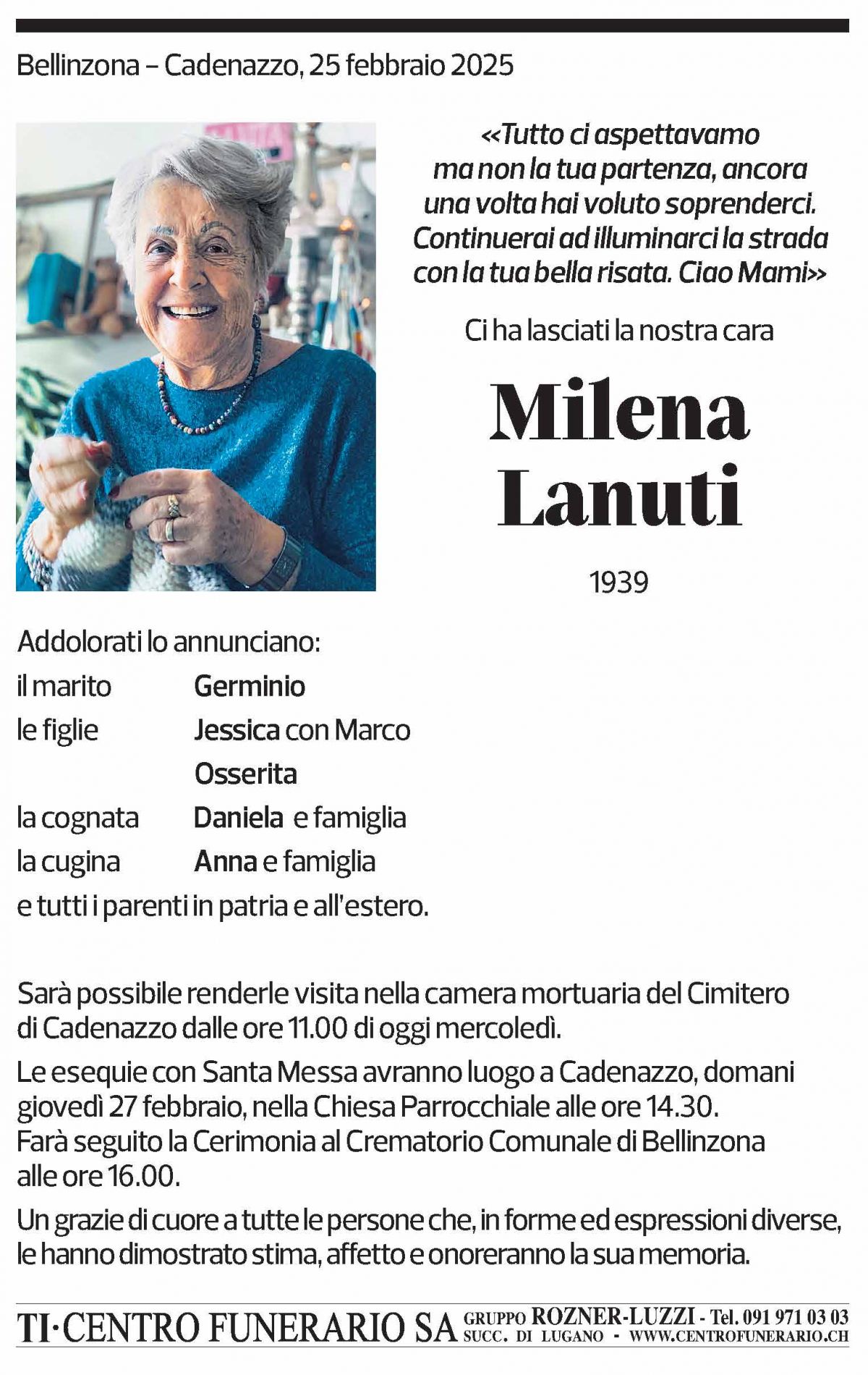 Annuncio funebre Milena Lanuti