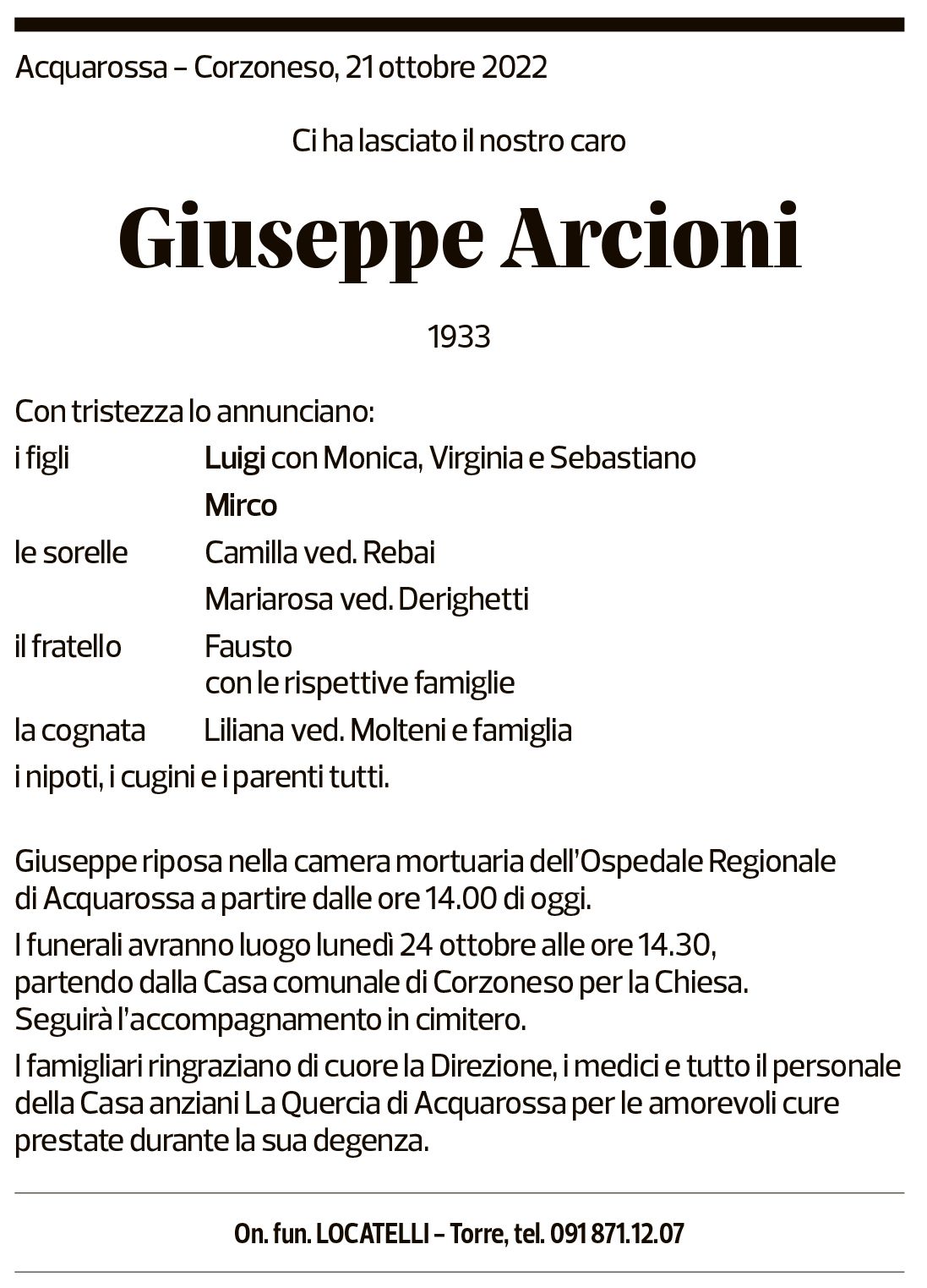 Annuncio funebre Giuseppe Arcioni