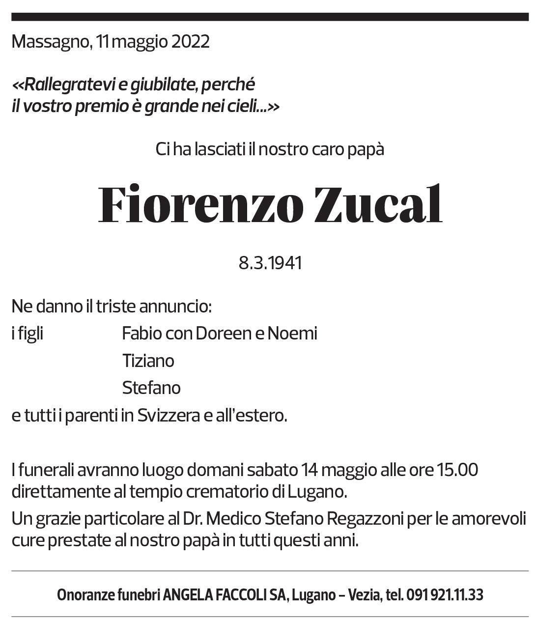 Annuncio funebre Fiorenzo Zucal