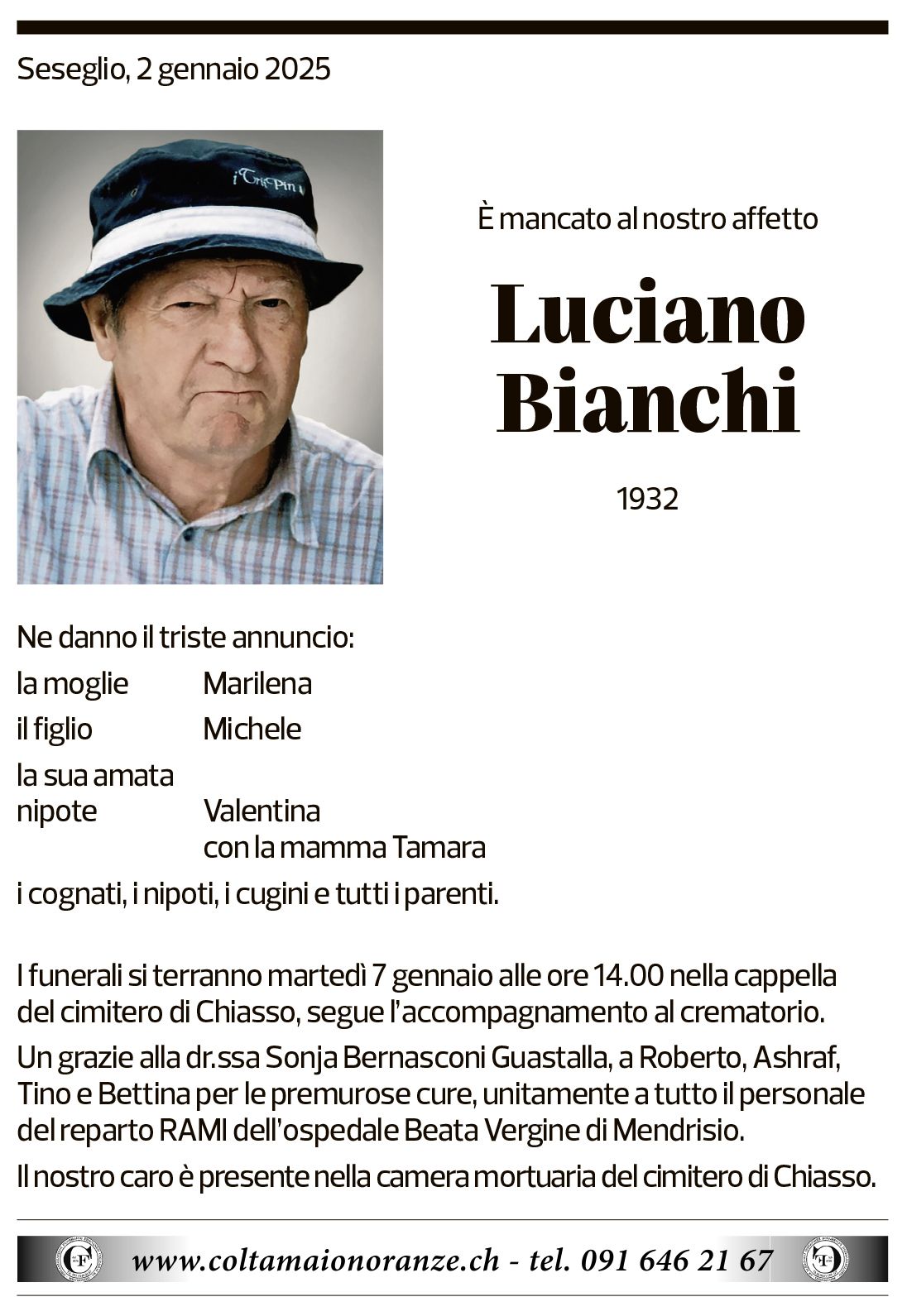 Annuncio funebre Luciano Bianchi