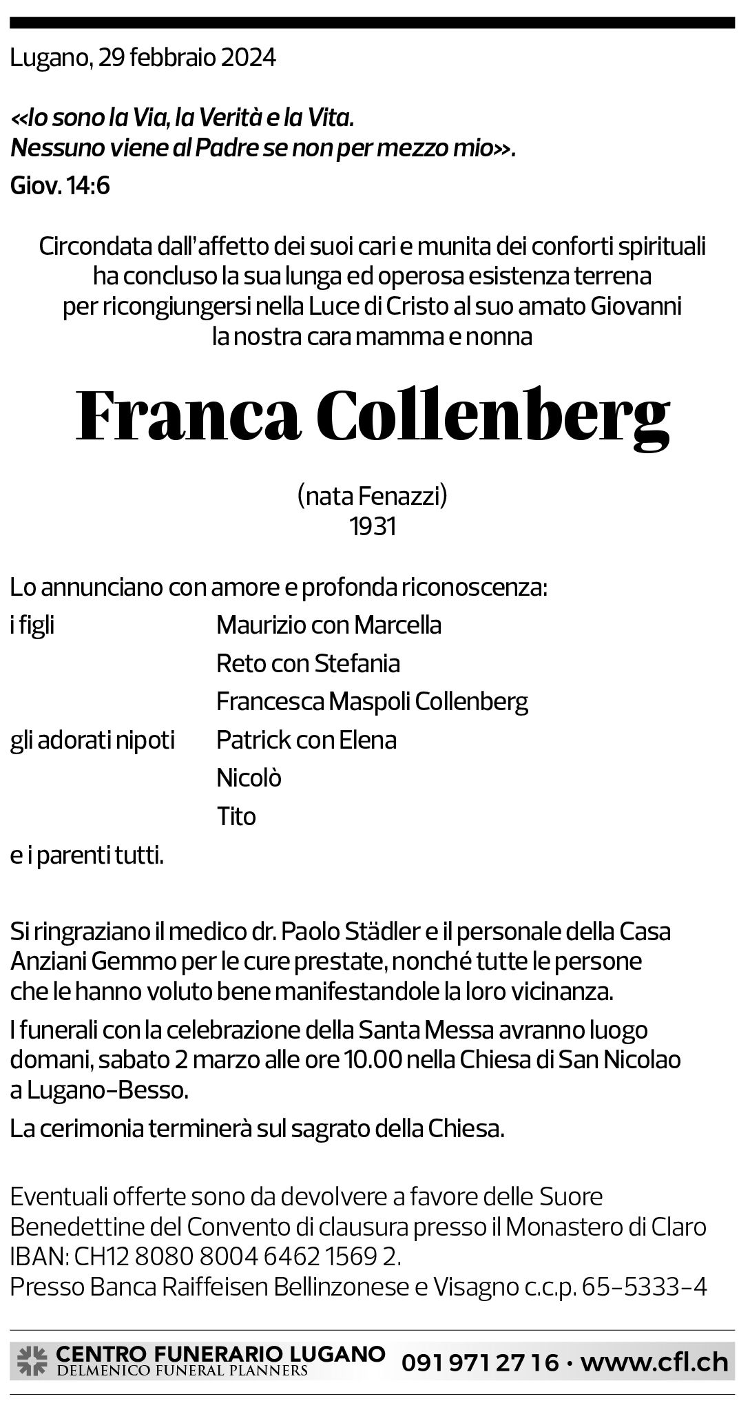 Annuncio funebre Franca Collenberg