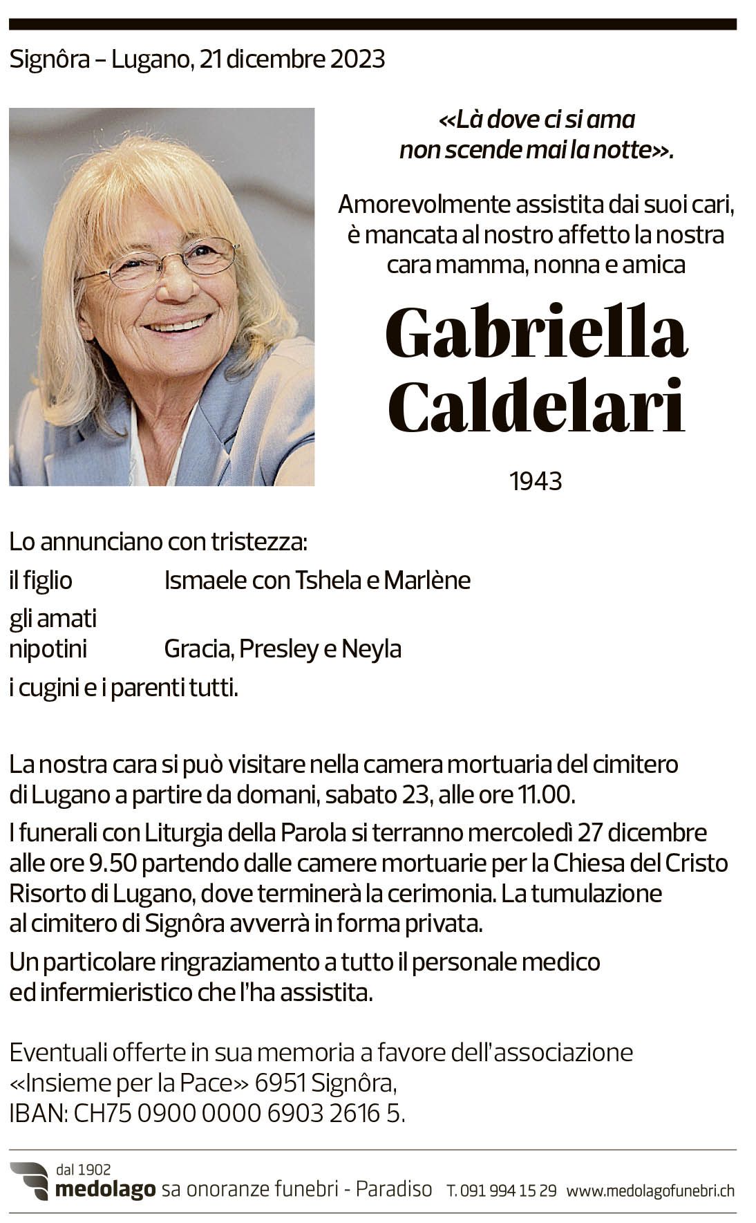 Annuncio funebre Gabriella Caldelari