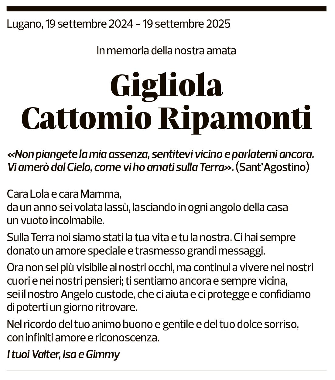 Annuncio funebre Gigliola Cattomio Ripamonti