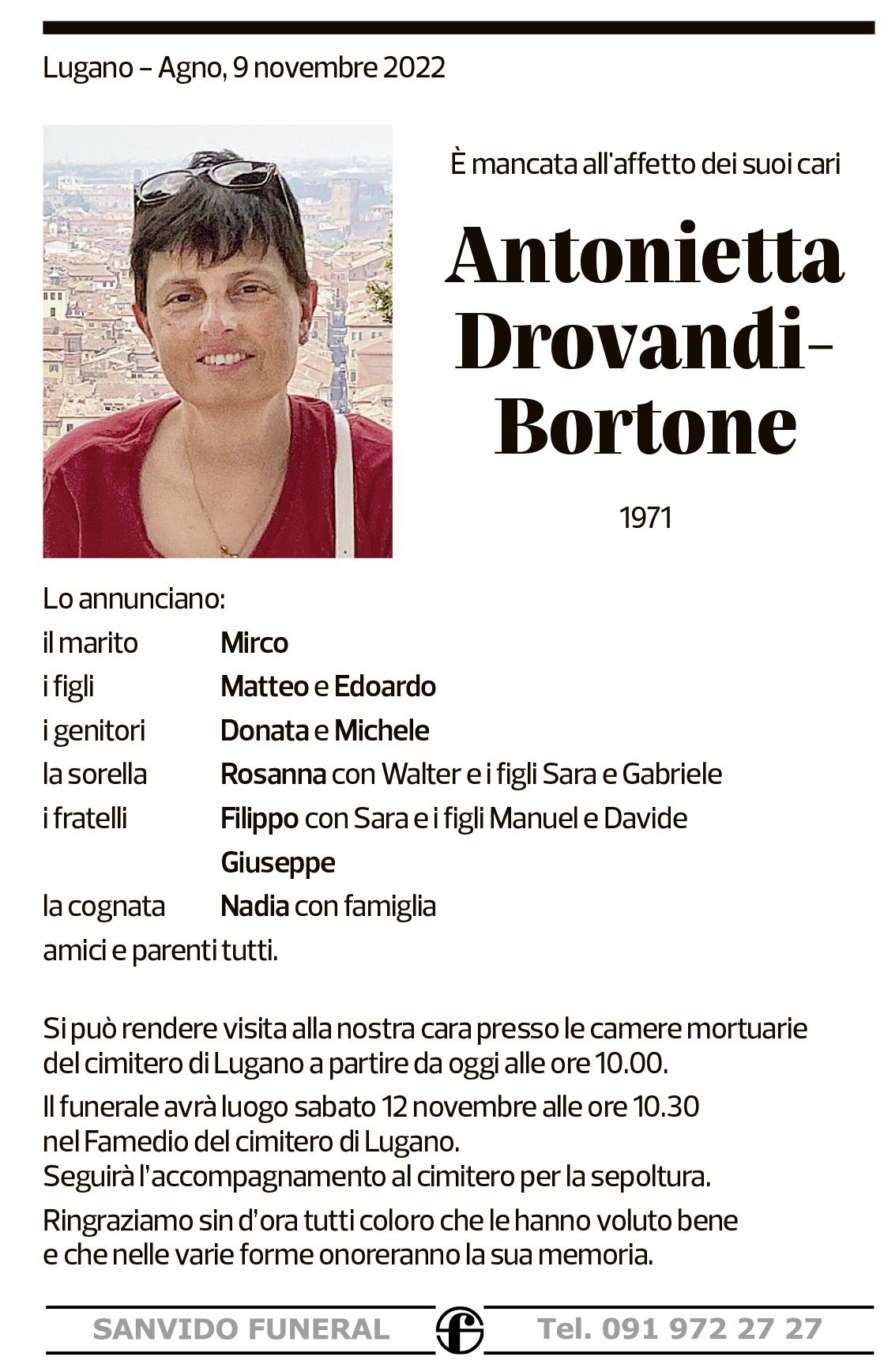 Annuncio funebre Antonietta Drovandi-bortone