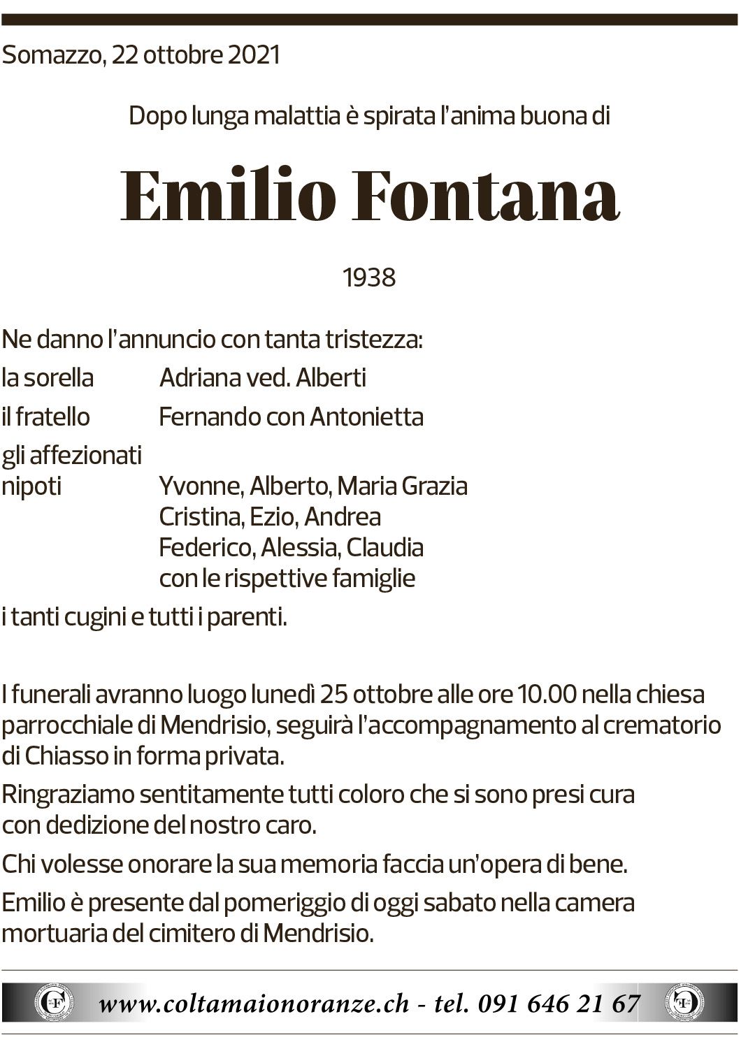 Annuncio funebre Emilio Fontana