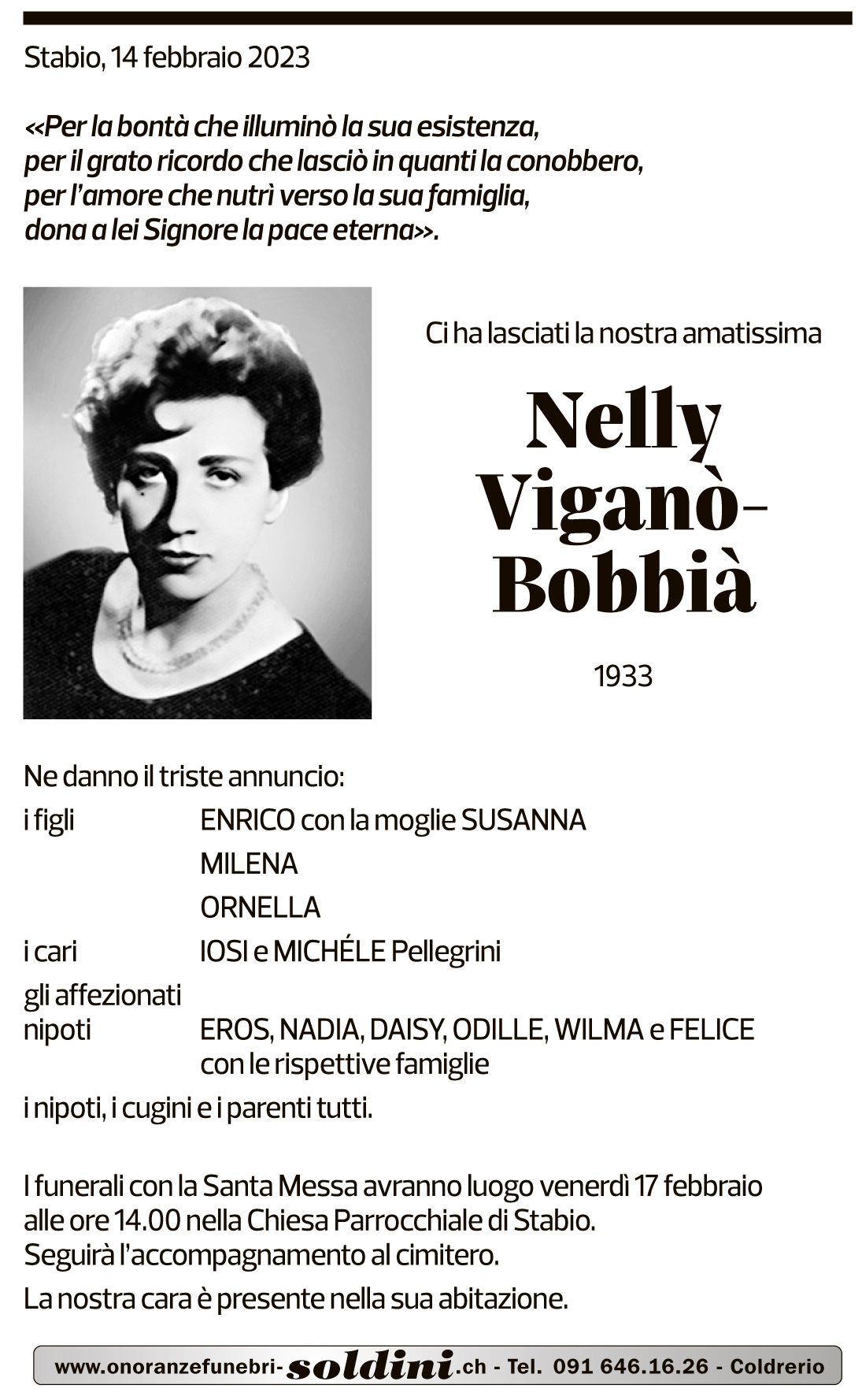 Annuncio funebre Nelly Viganò-bobbià