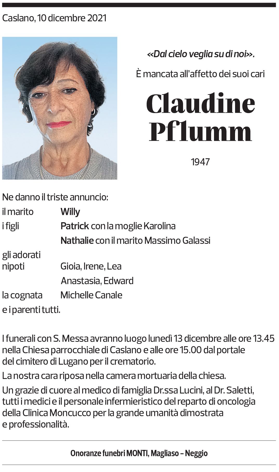 Annuncio funebre Claudine Pflumm