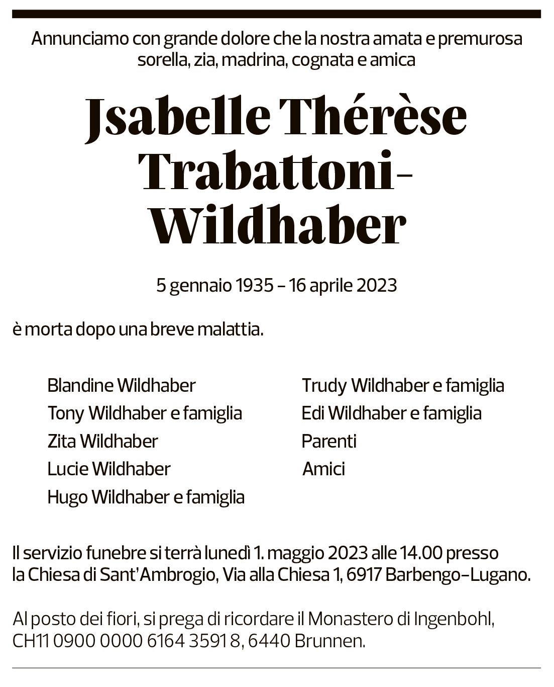 Annuncio funebre Jsabelle Thérèse Trabattoni-wildhaber