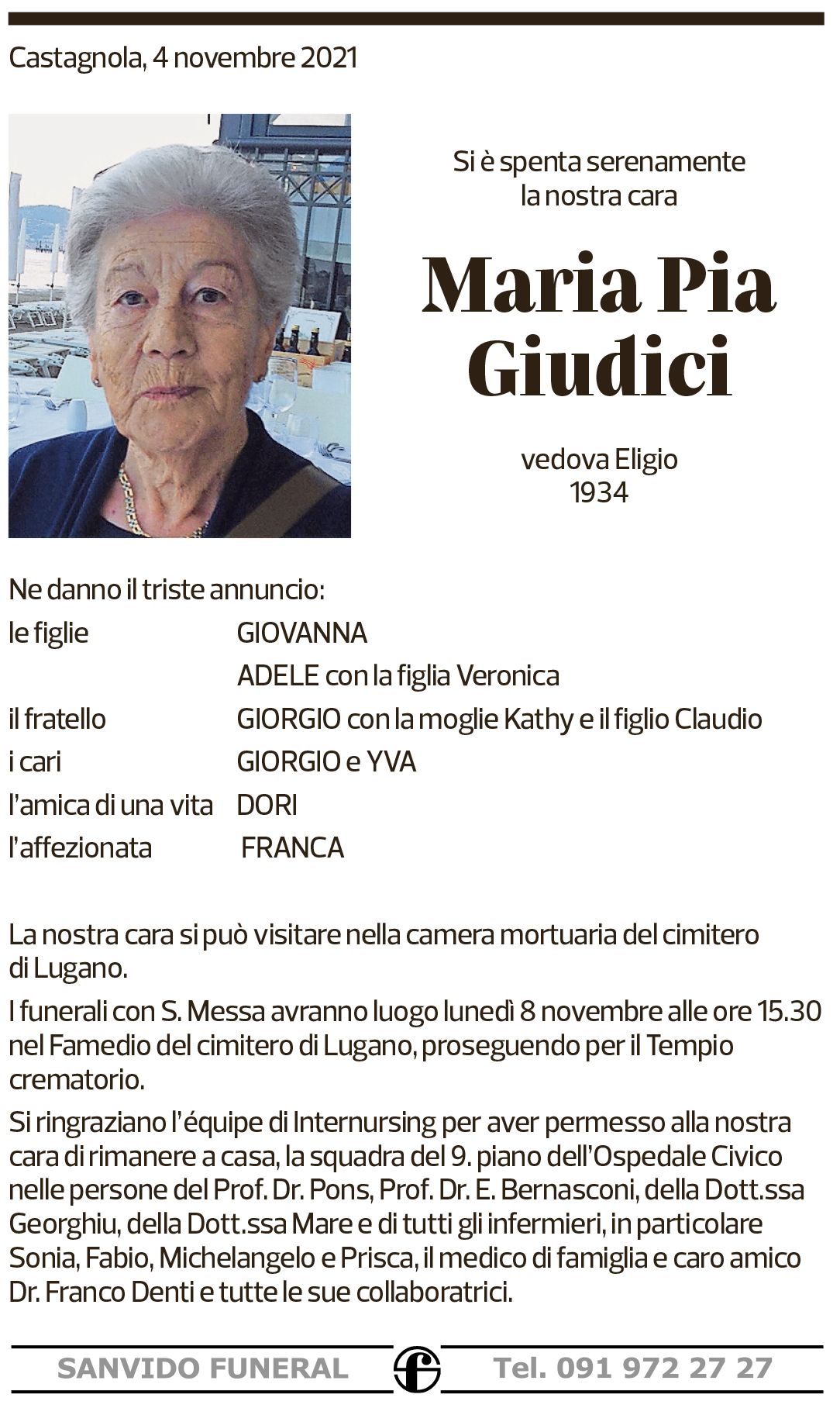 Annuncio funebre Maria Pia Giudici