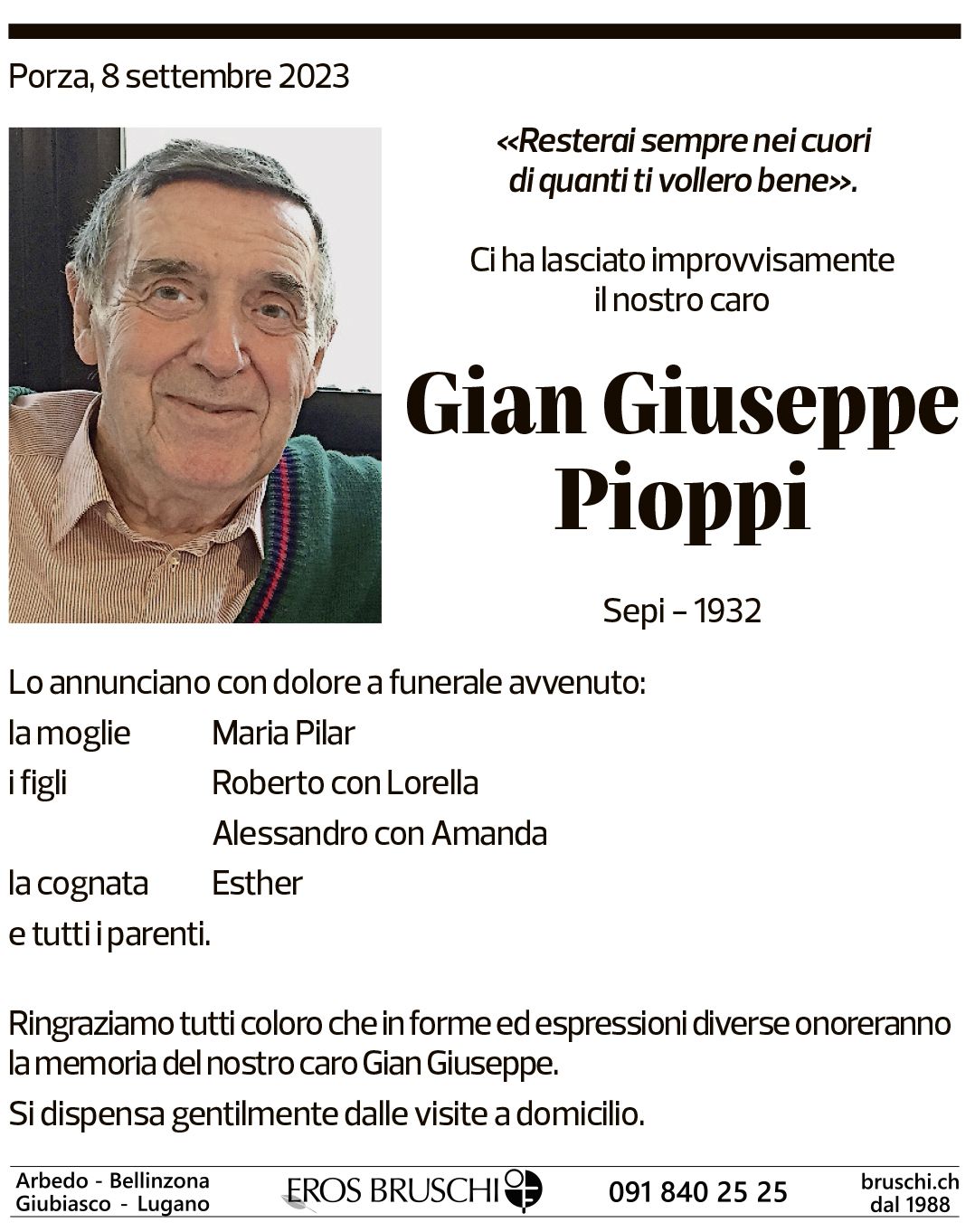 Annuncio funebre Gian Giuseppe Pioppi