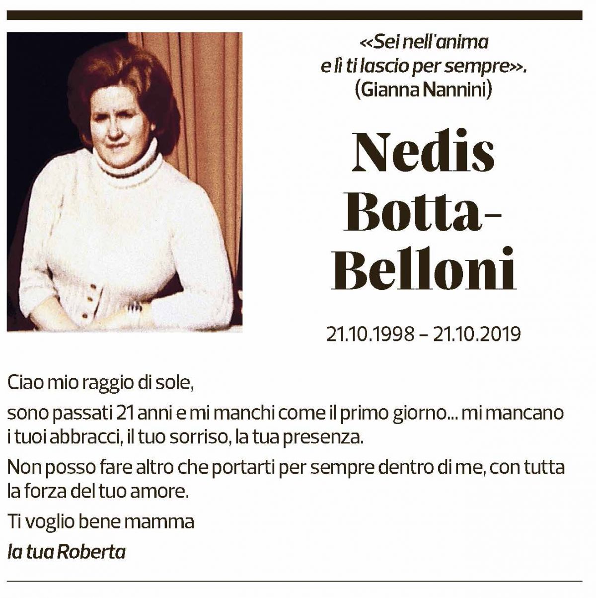 Annuncio funebre Nedis Botta-belloni