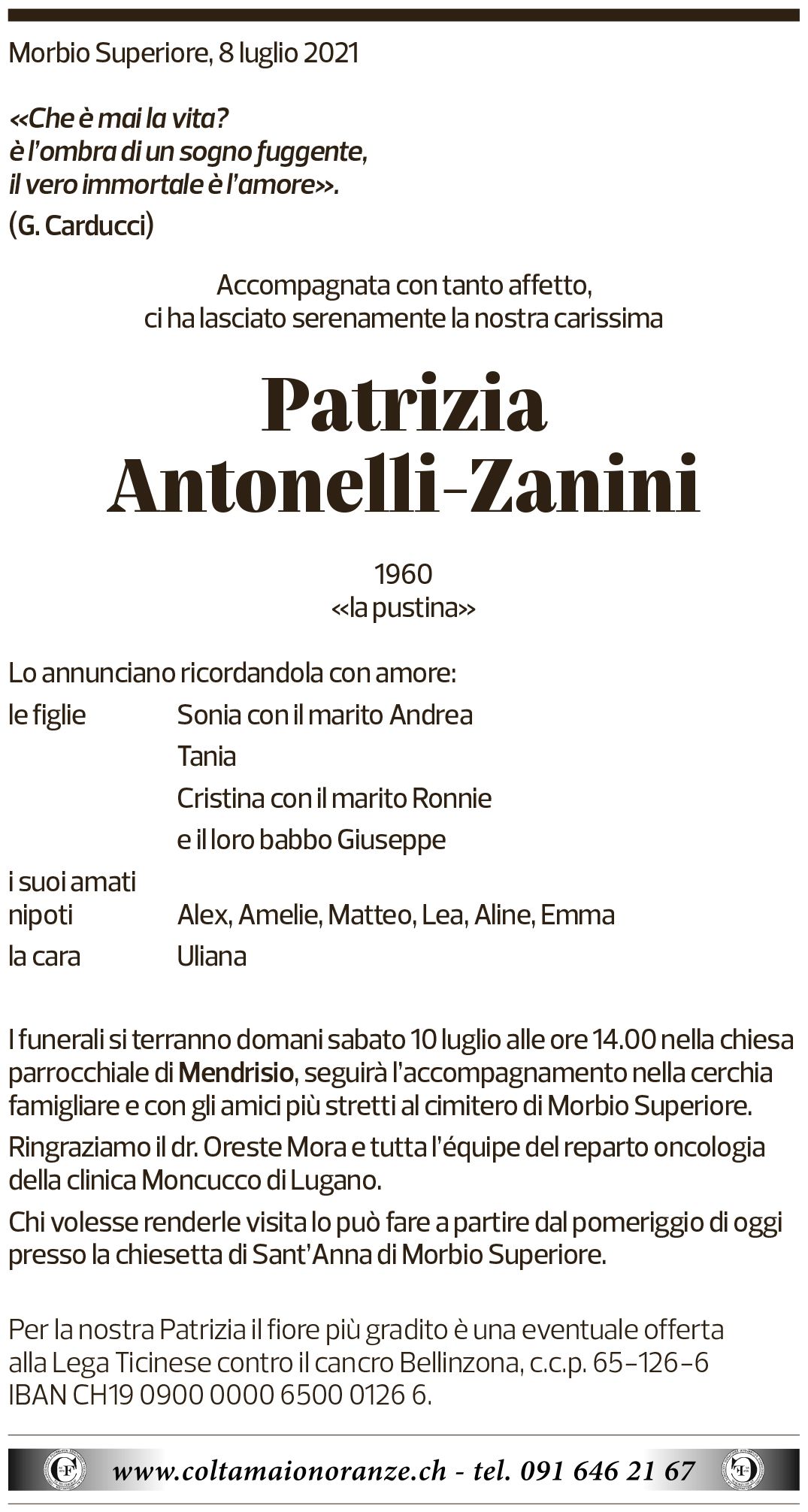 Annuncio funebre Patrizia Antonelli-zanini