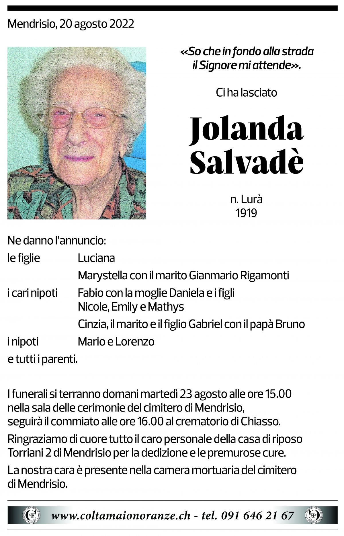 Annuncio funebre Jolanda Salvadè