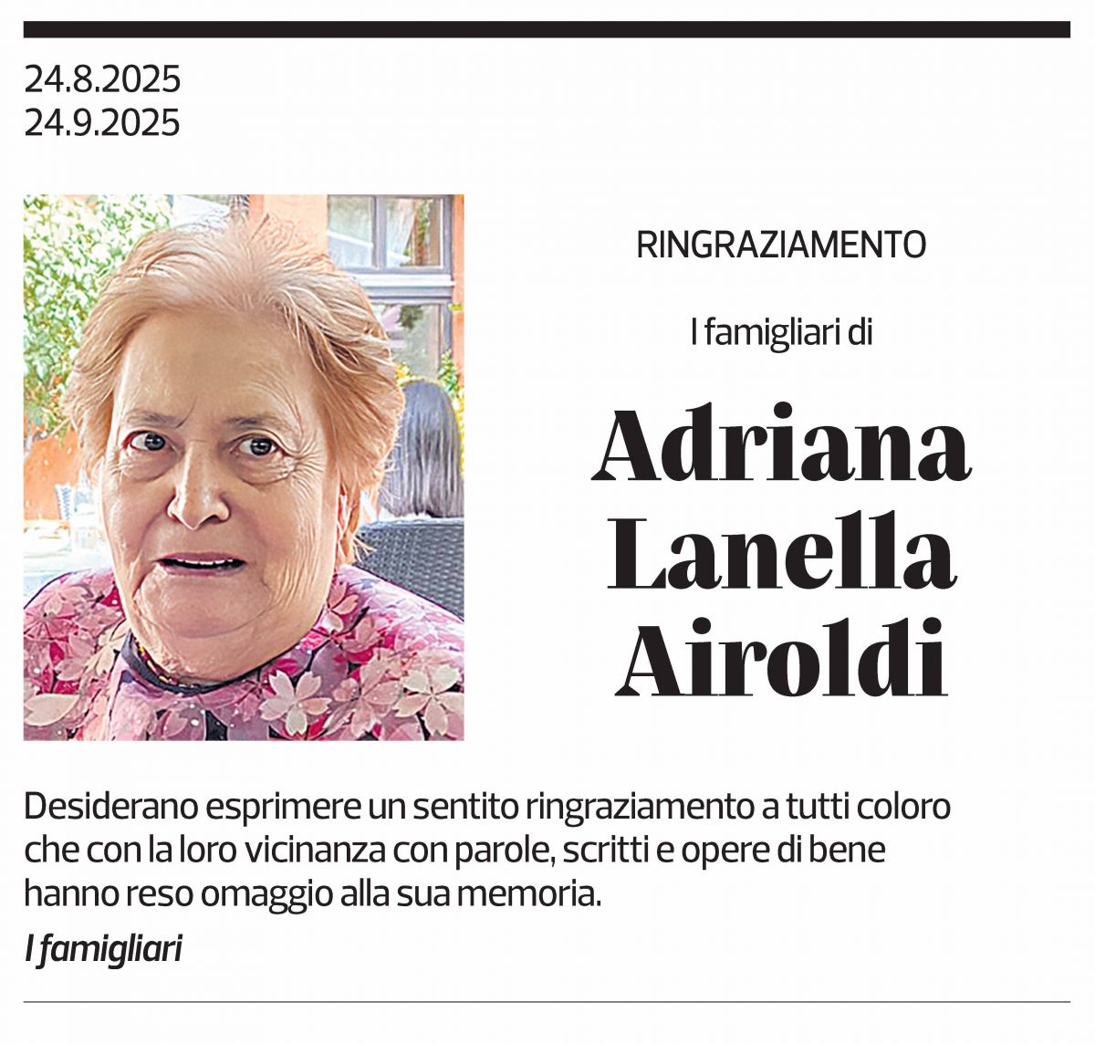 Annuncio funebre Adriana Lanella Airoldi