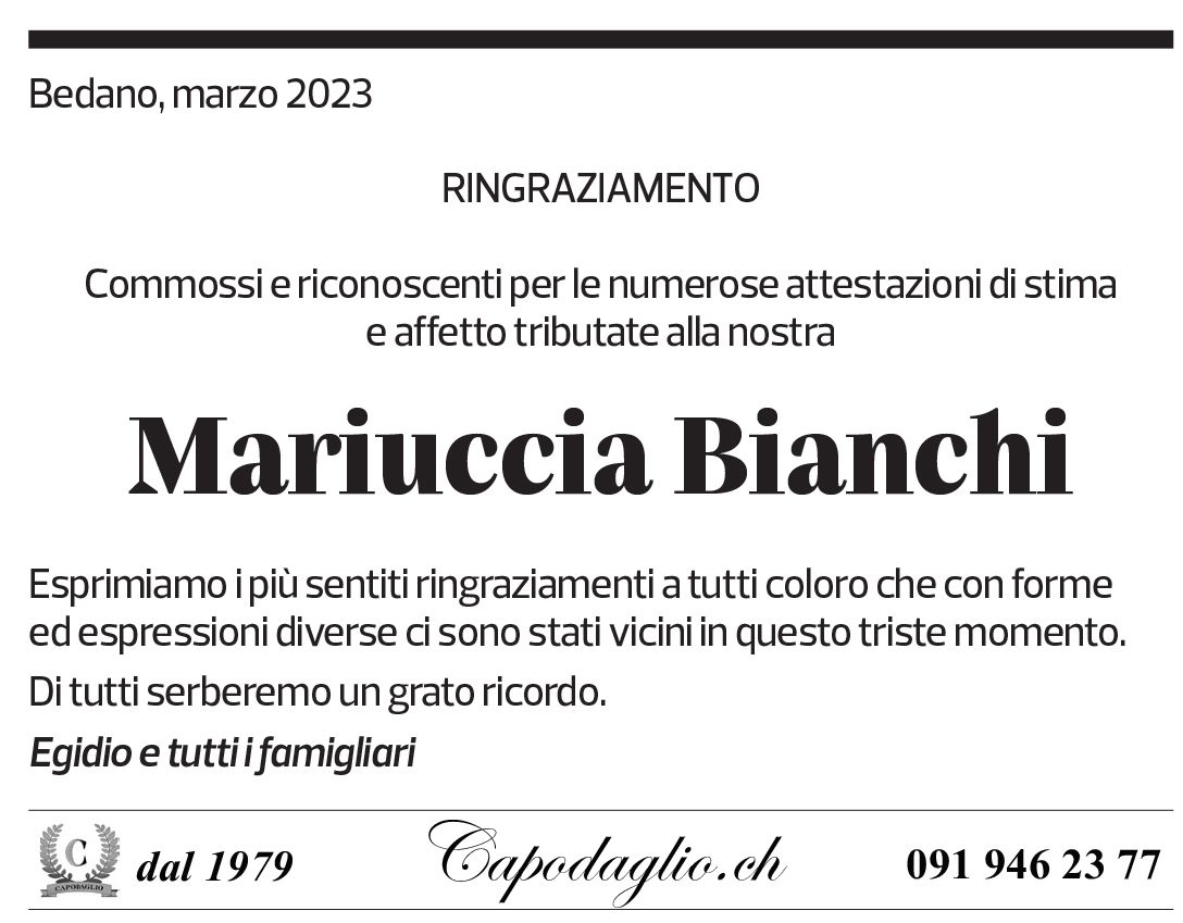 Annuncio funebre Mariuccia Bianchi