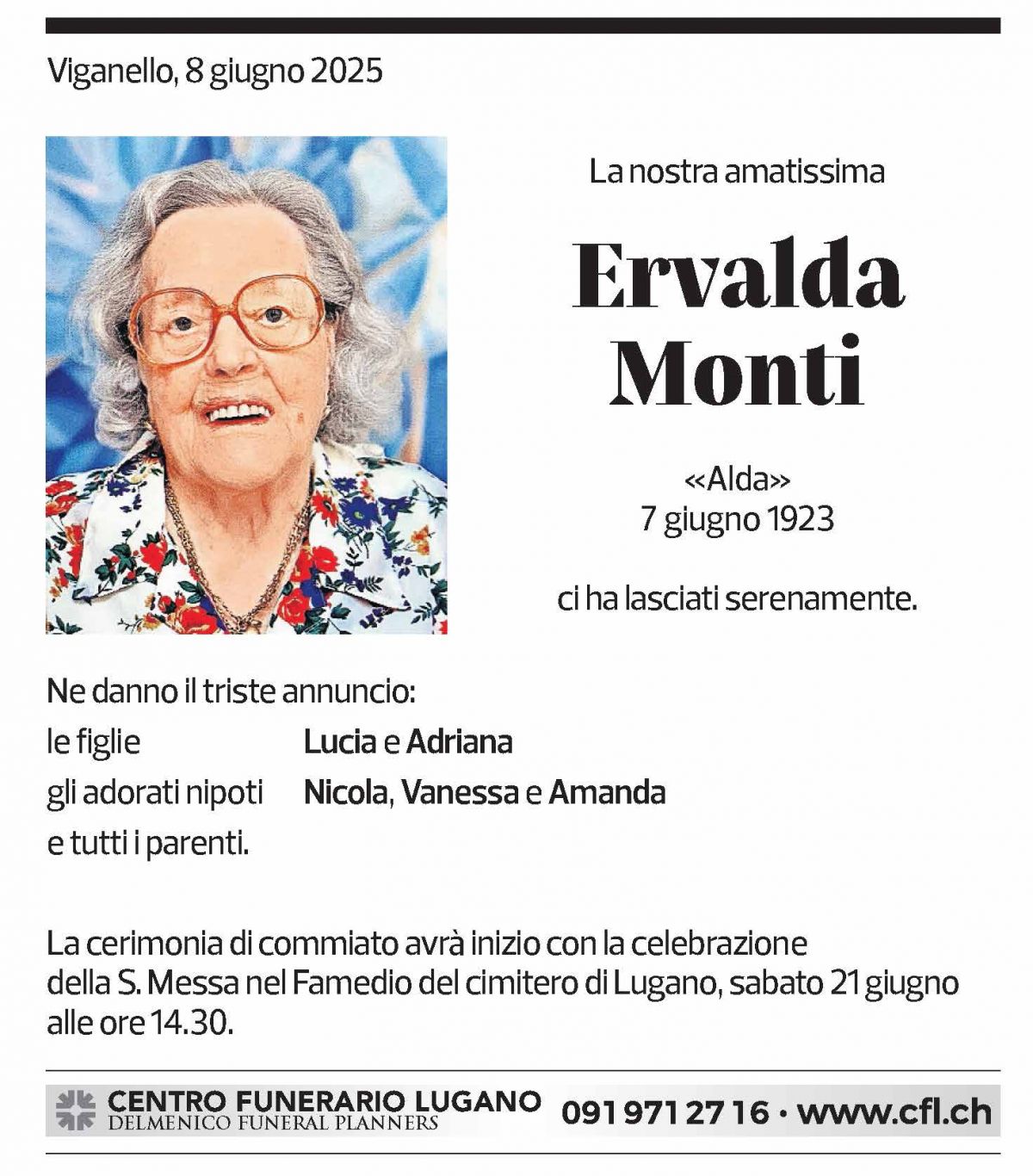 Annuncio funebre Ervalda Monti