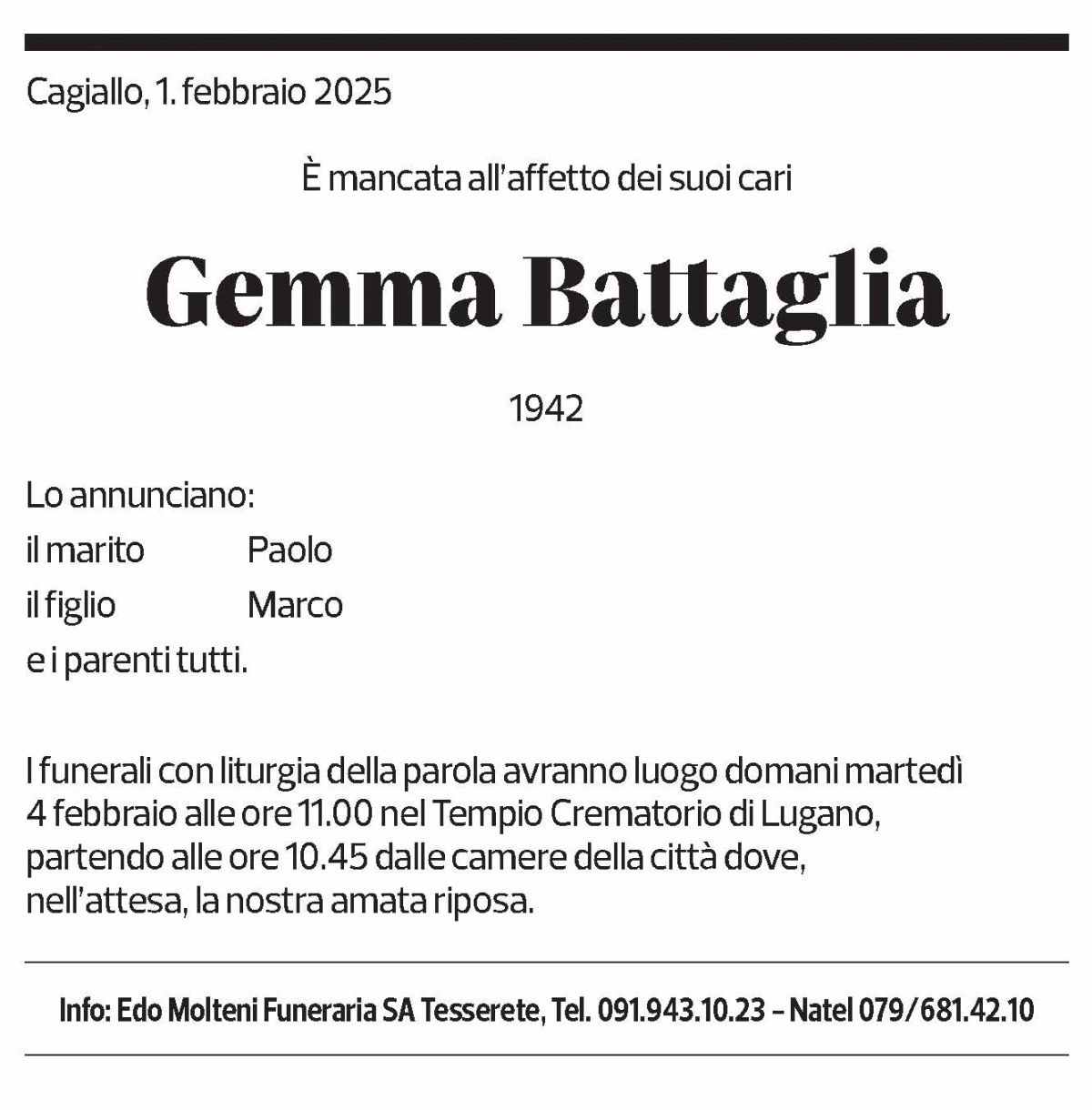 Annuncio funebre Gemma Battaglia