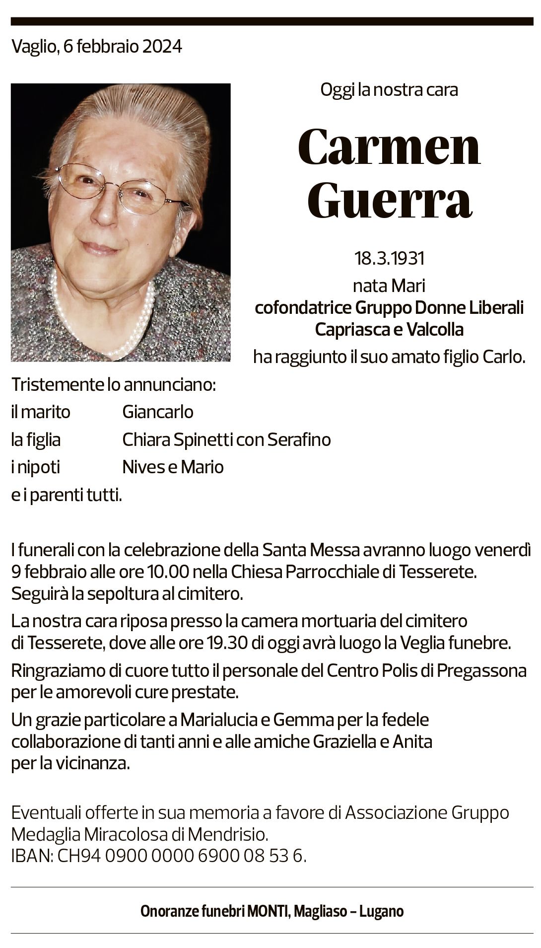 Annuncio funebre Carmen Guerra