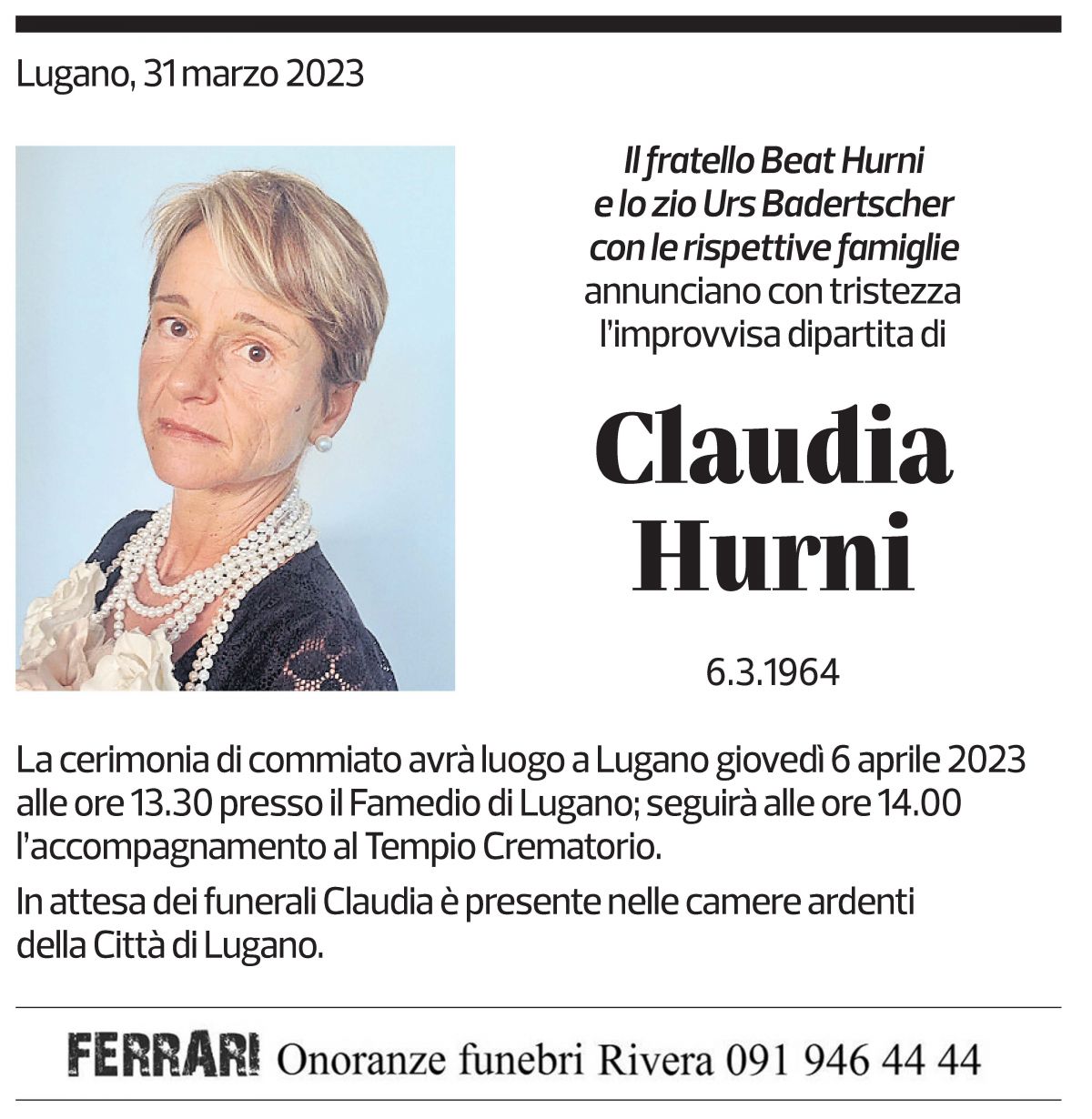 Annuncio funebre Claudia Hurni