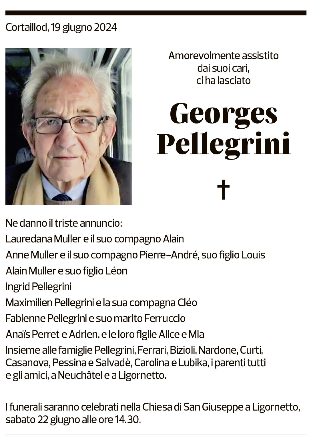 Annuncio funebre Georges Pellegrini