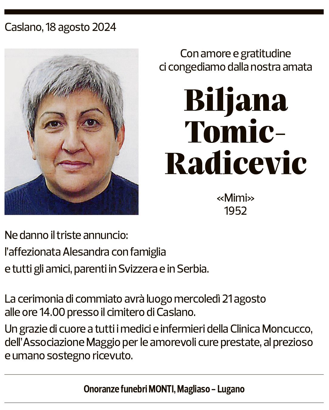 Annuncio funebre Biljana Tomic-radicevic