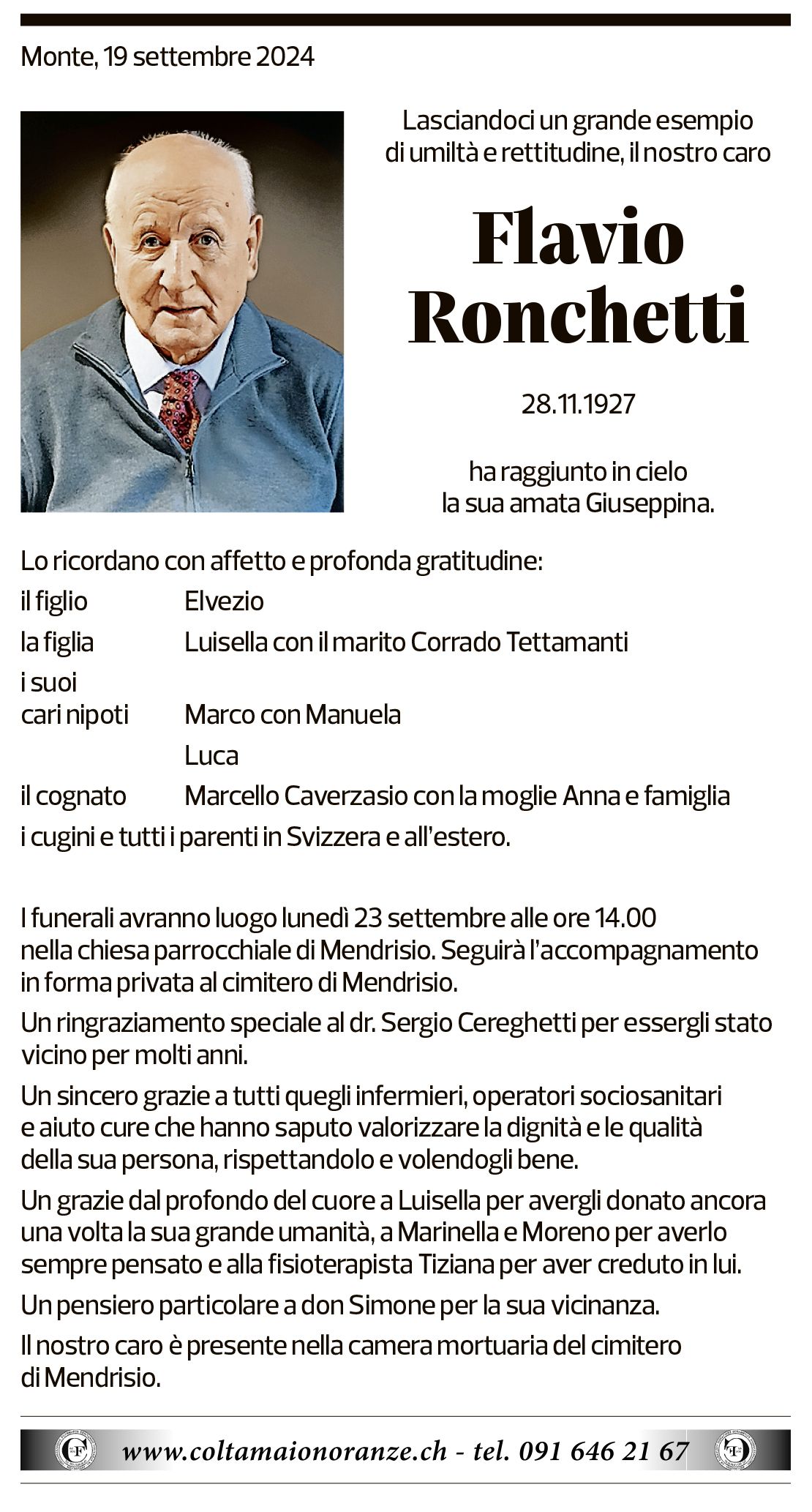 Annuncio funebre Flavio Ronchetti