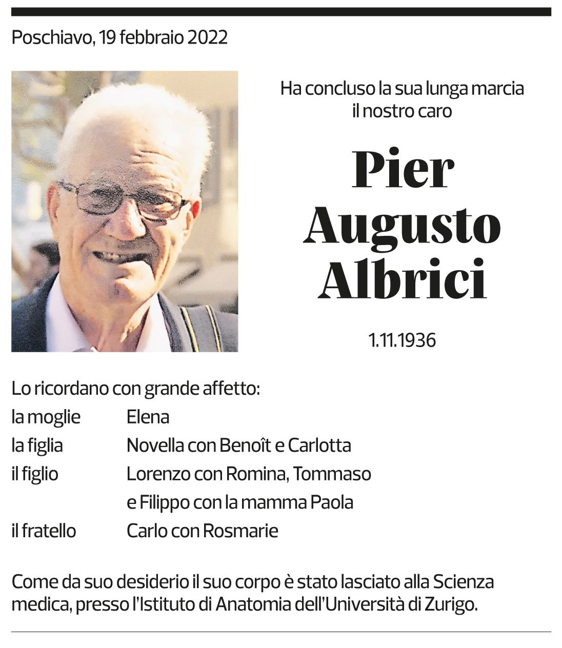 Annuncio funebre Pier Augusto Albrici