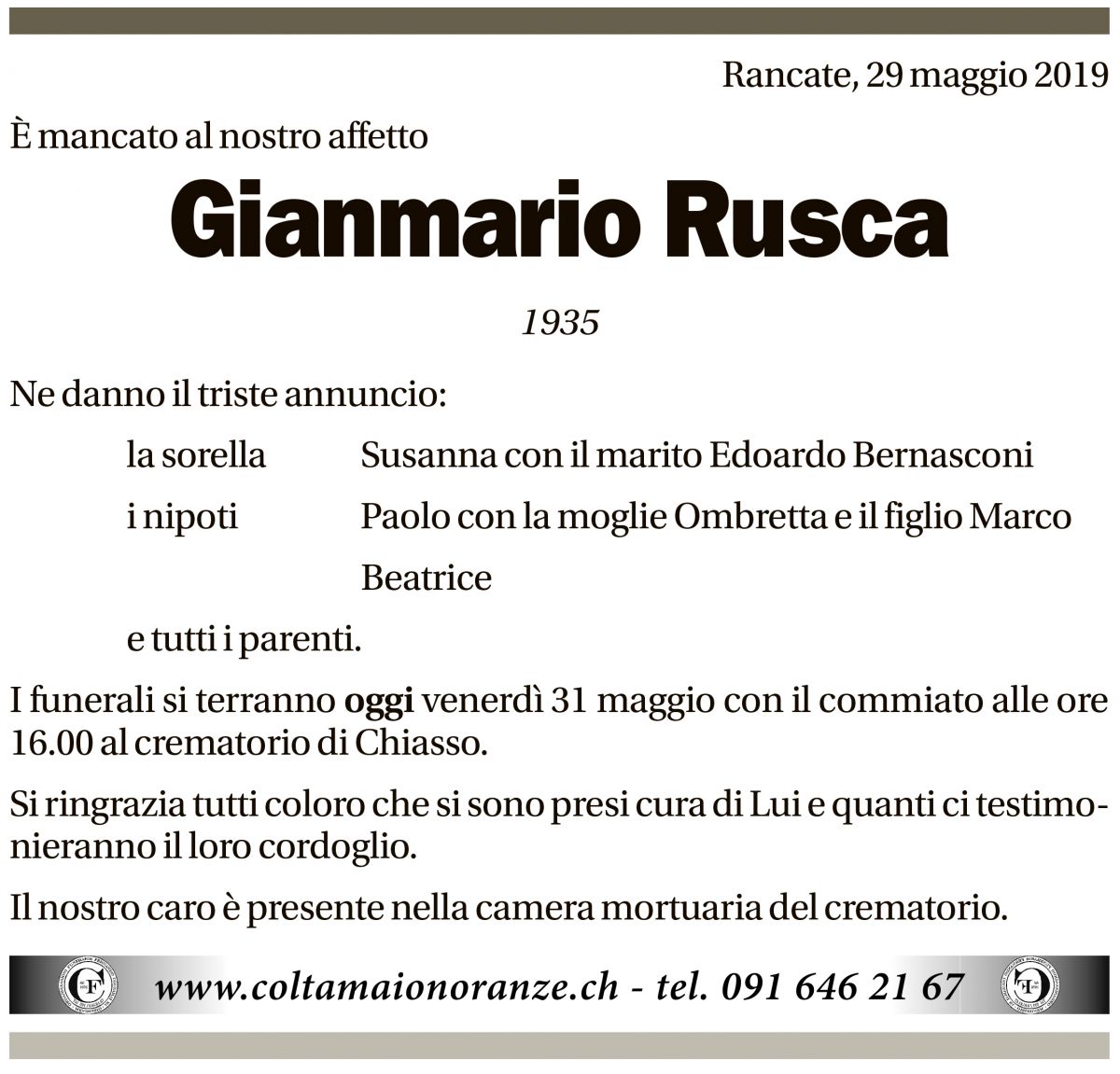 Annuncio funebre Gianmario Rusca
