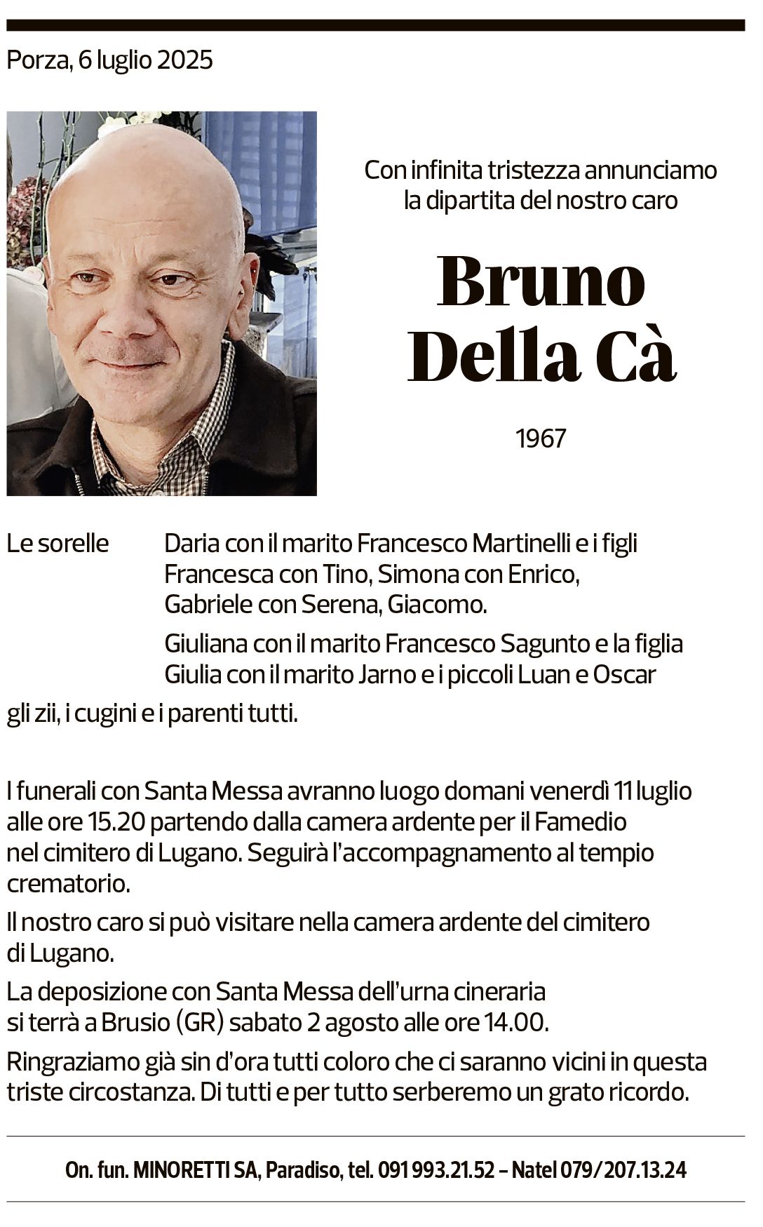 Annuncio funebre Bruno Della Cà