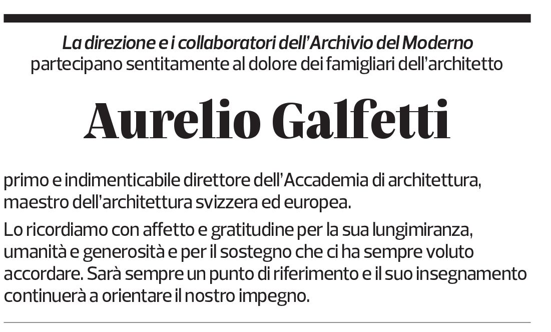 Annuncio funebre Aurelio Galfetti