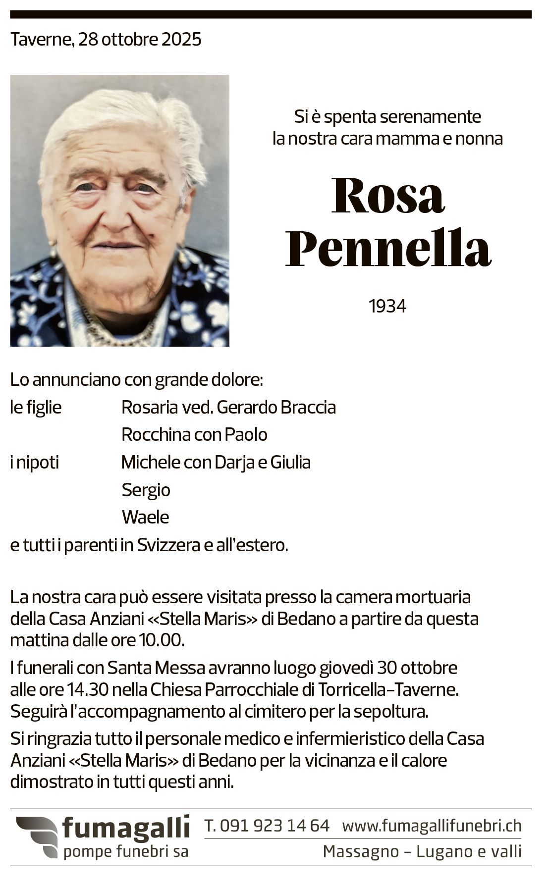 Annuncio funebre Rosa Pennella