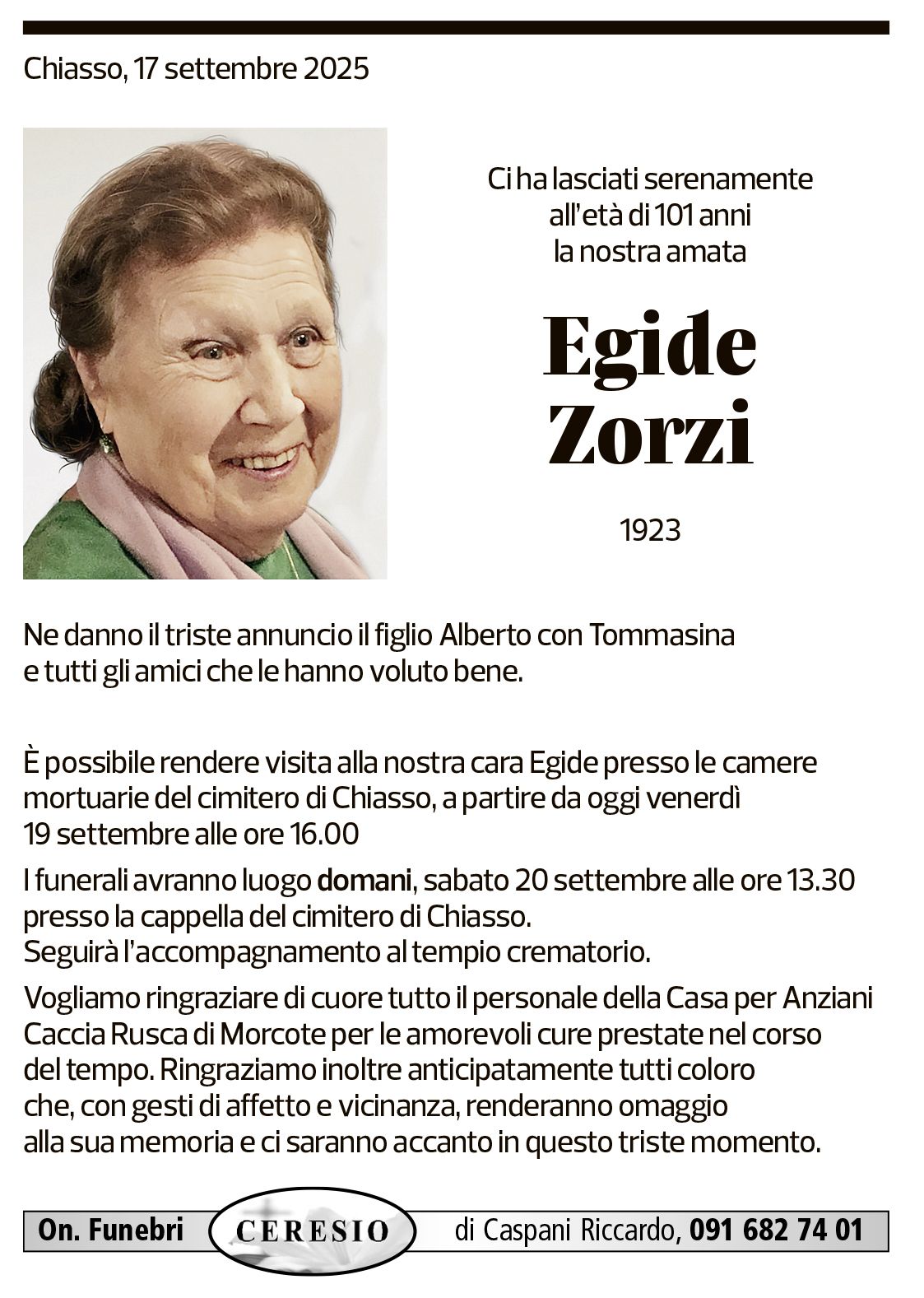Annuncio funebre Egide Zorzi
