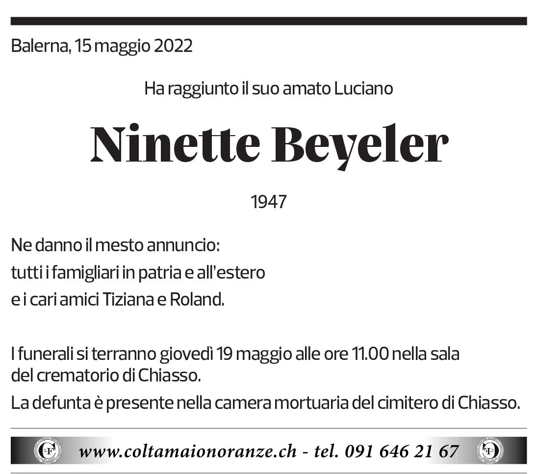 Annuncio funebre Ninette Beyeler