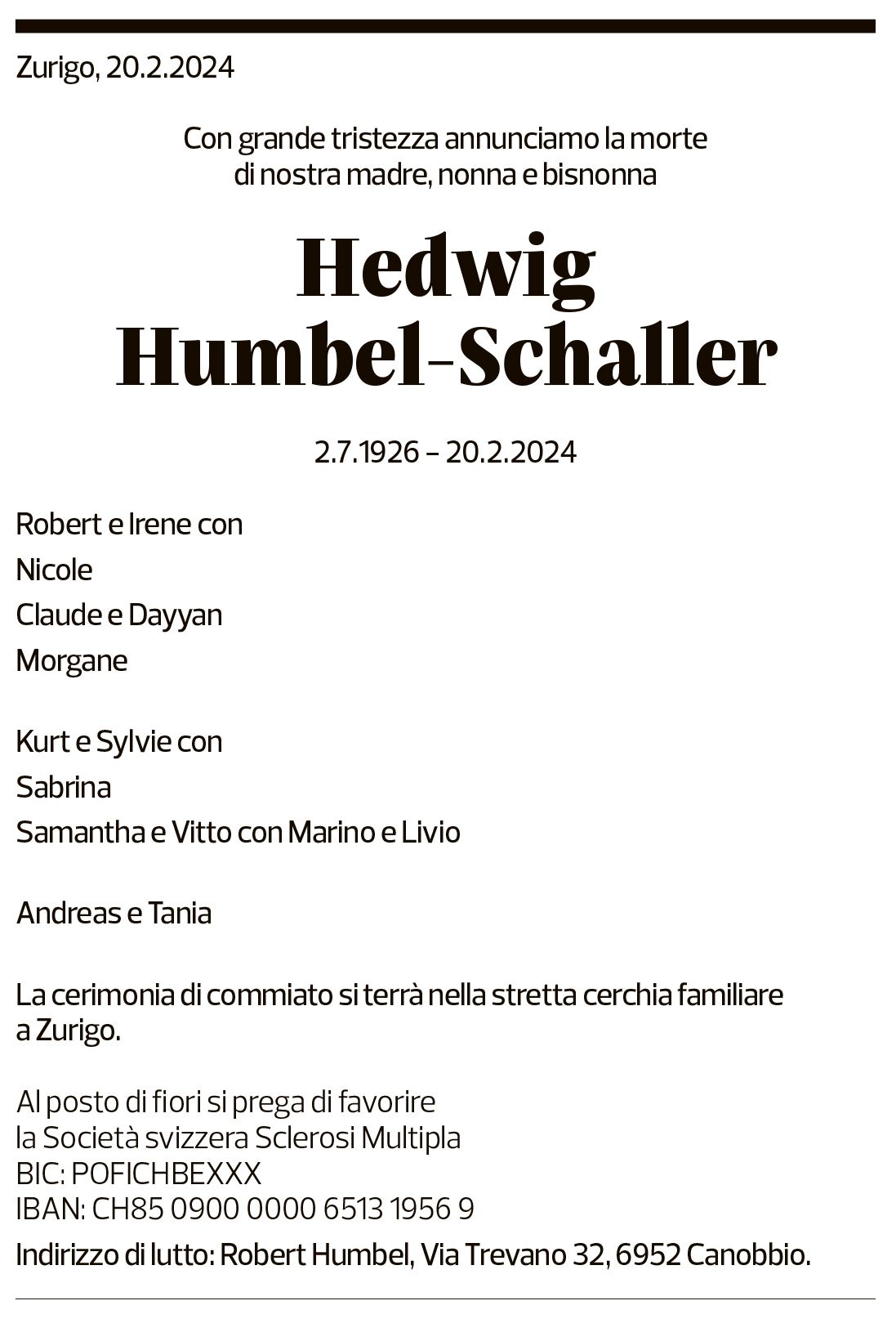 Annuncio funebre Hedwig Humbel-schaller