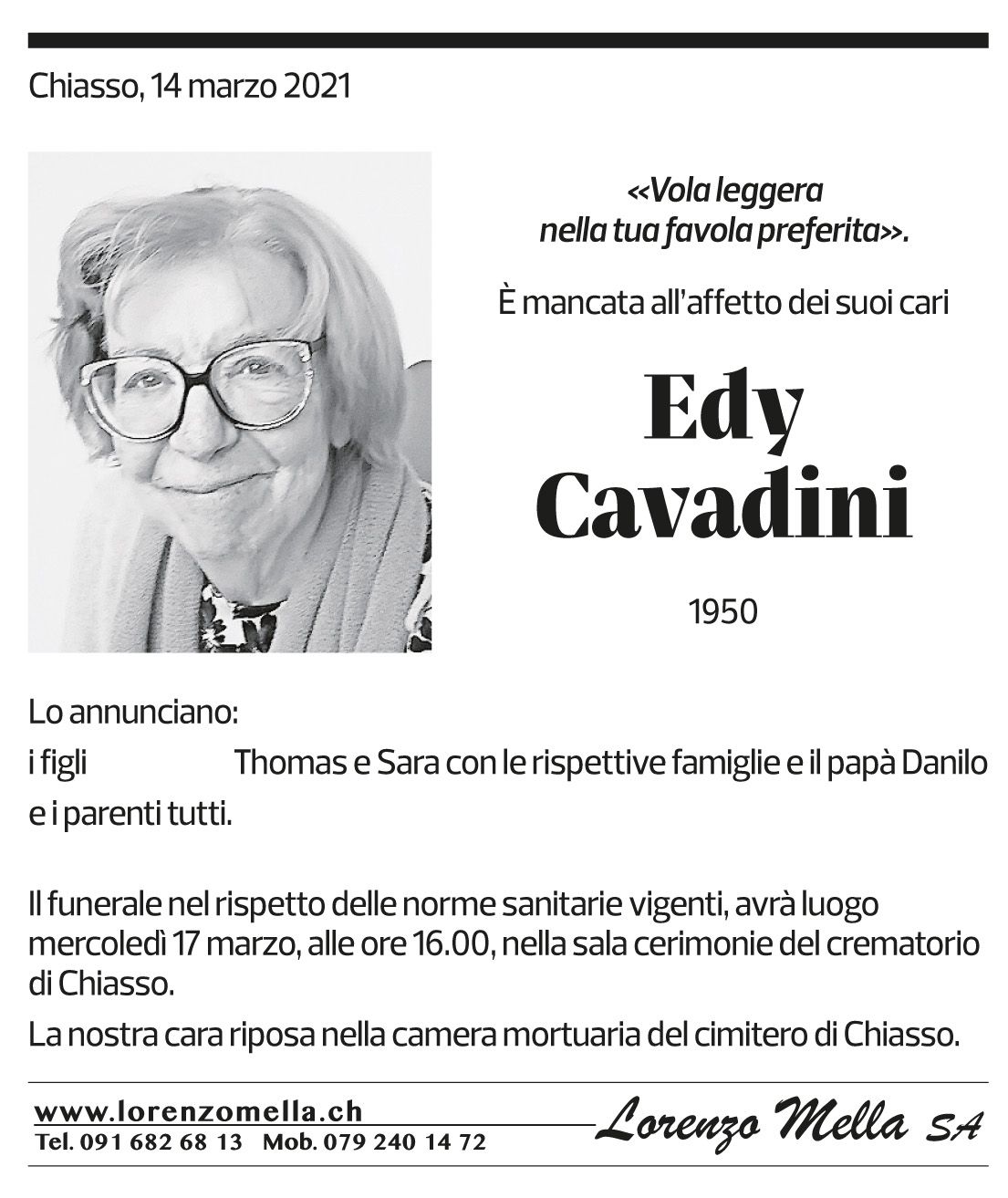 Annuncio funebre Edy Cavadini