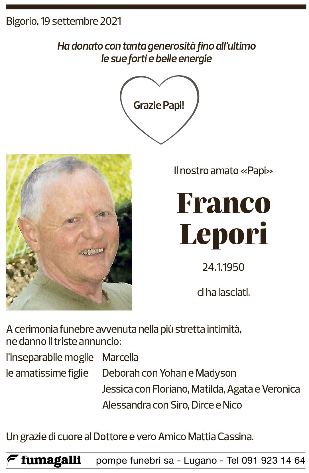 Annuncio funebre Franco Lepori