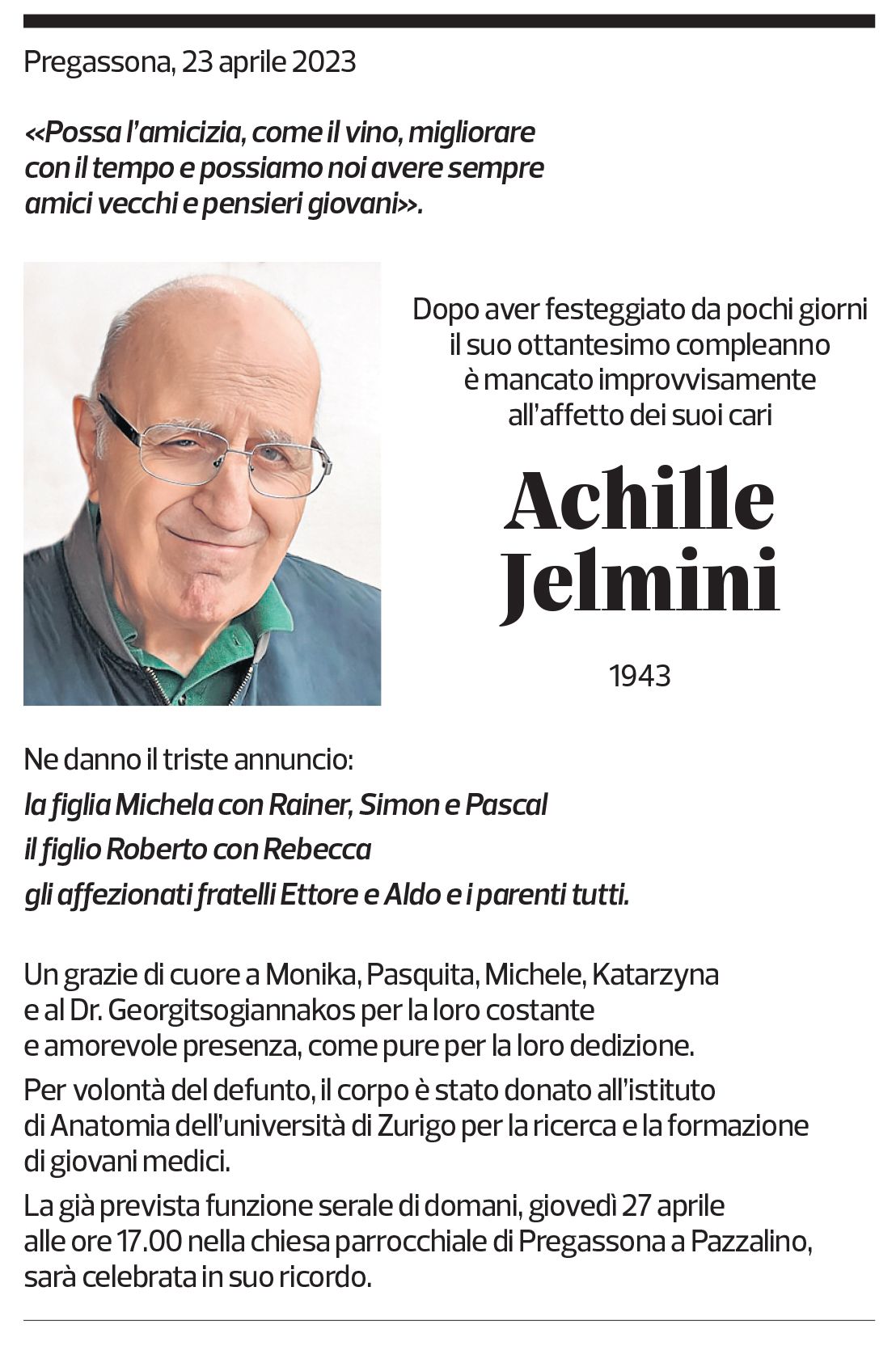 Annuncio funebre Achille Jelmini