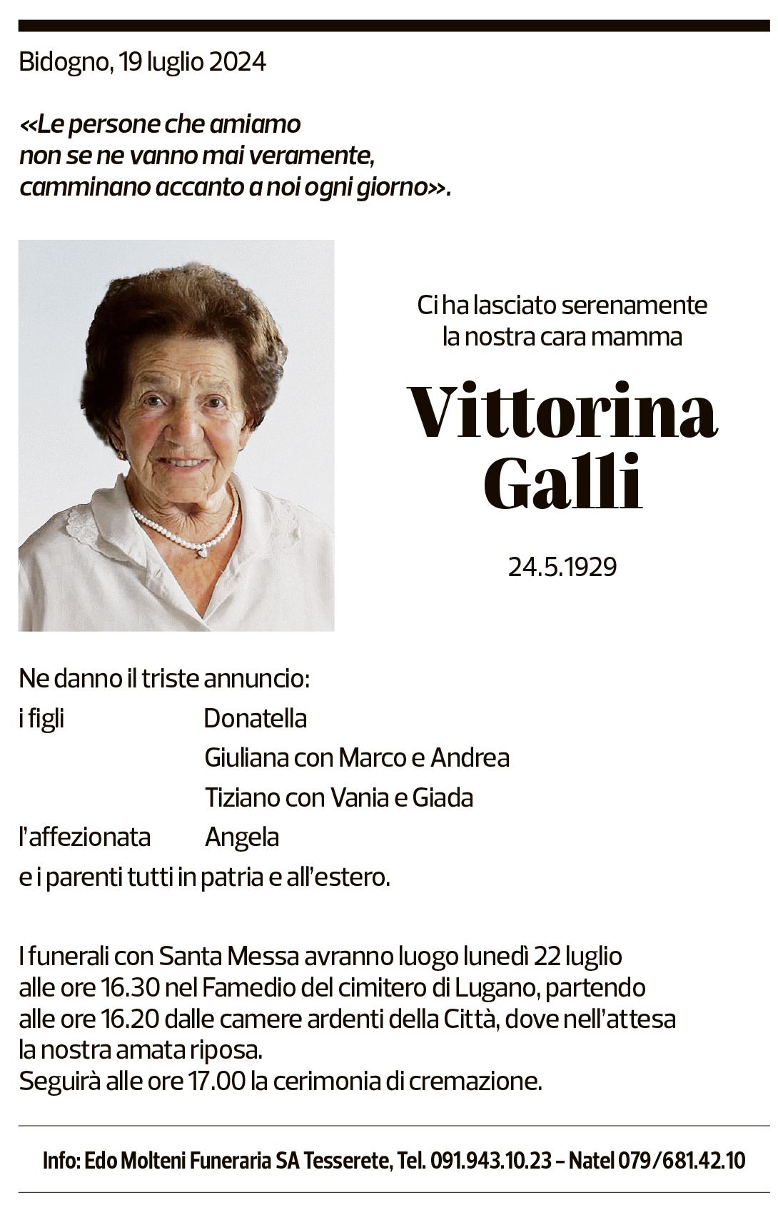 Annuncio funebre Vittorina Galli