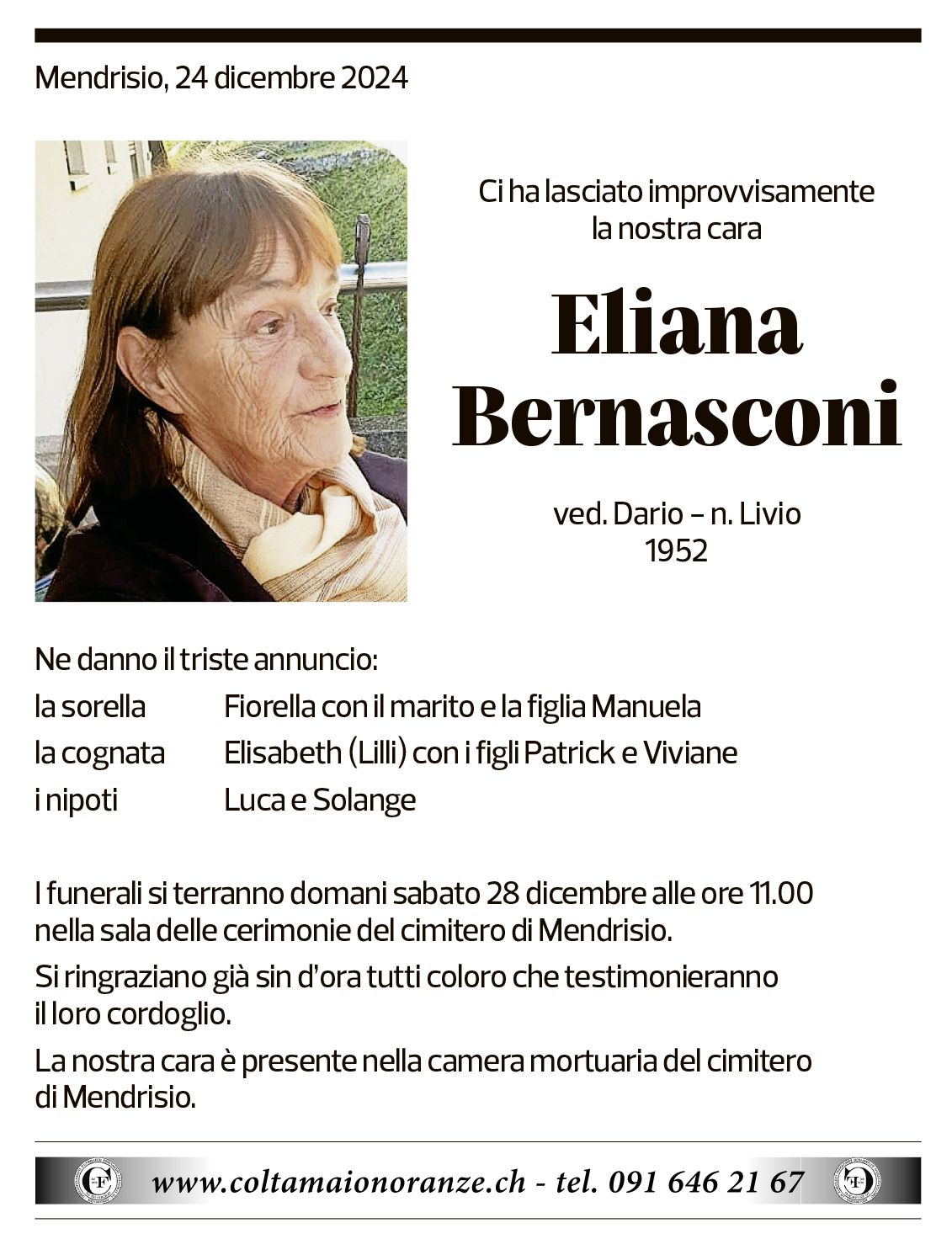 Annuncio funebre Eliana Bernasconi