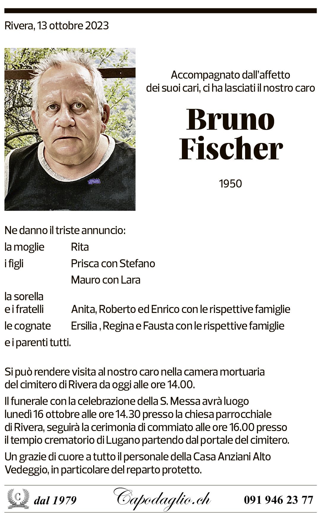 Annuncio funebre Bruno Fischer