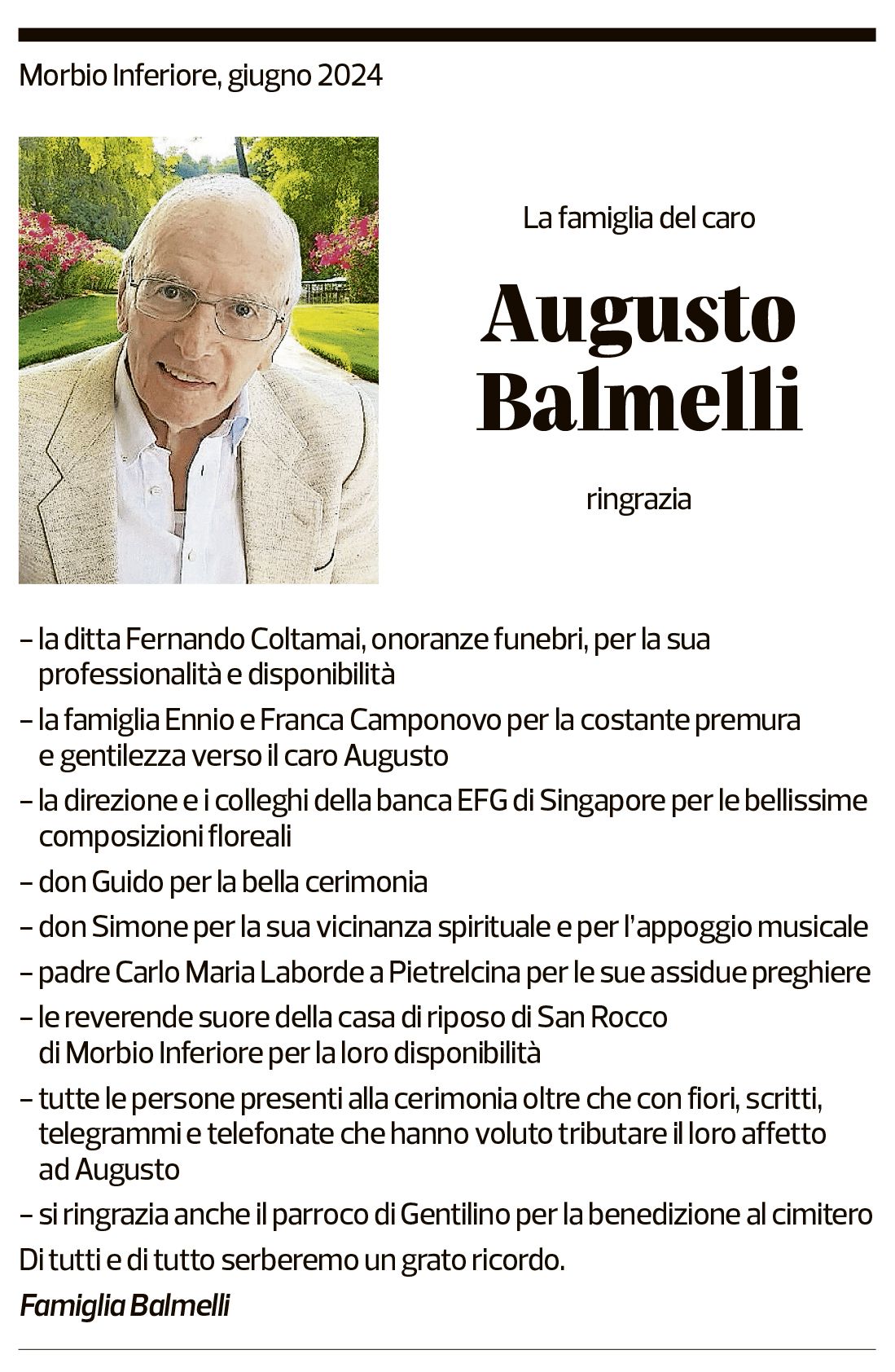 Annuncio funebre Augusto Balmelli