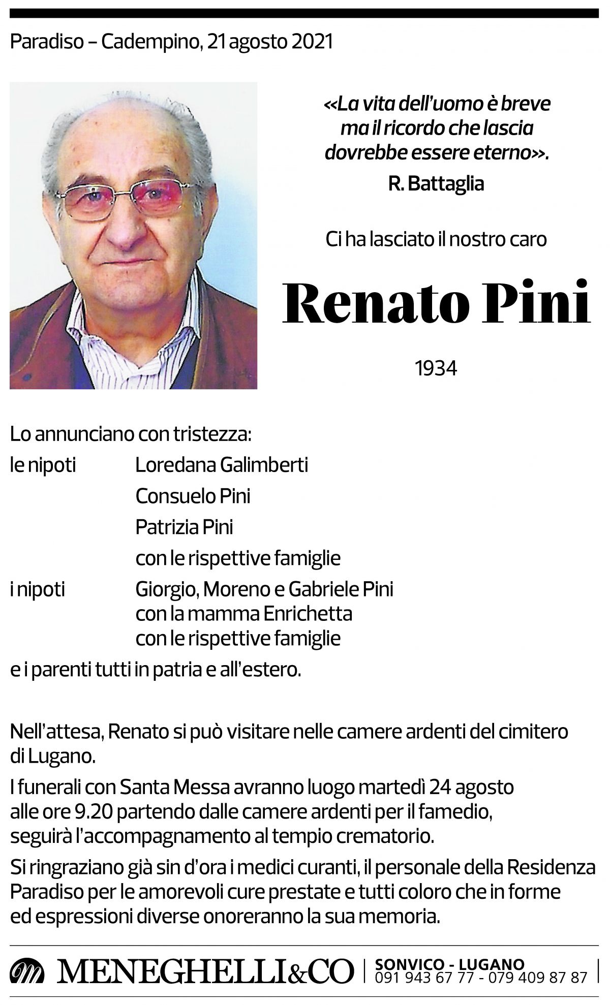 Annuncio funebre Renato Pini