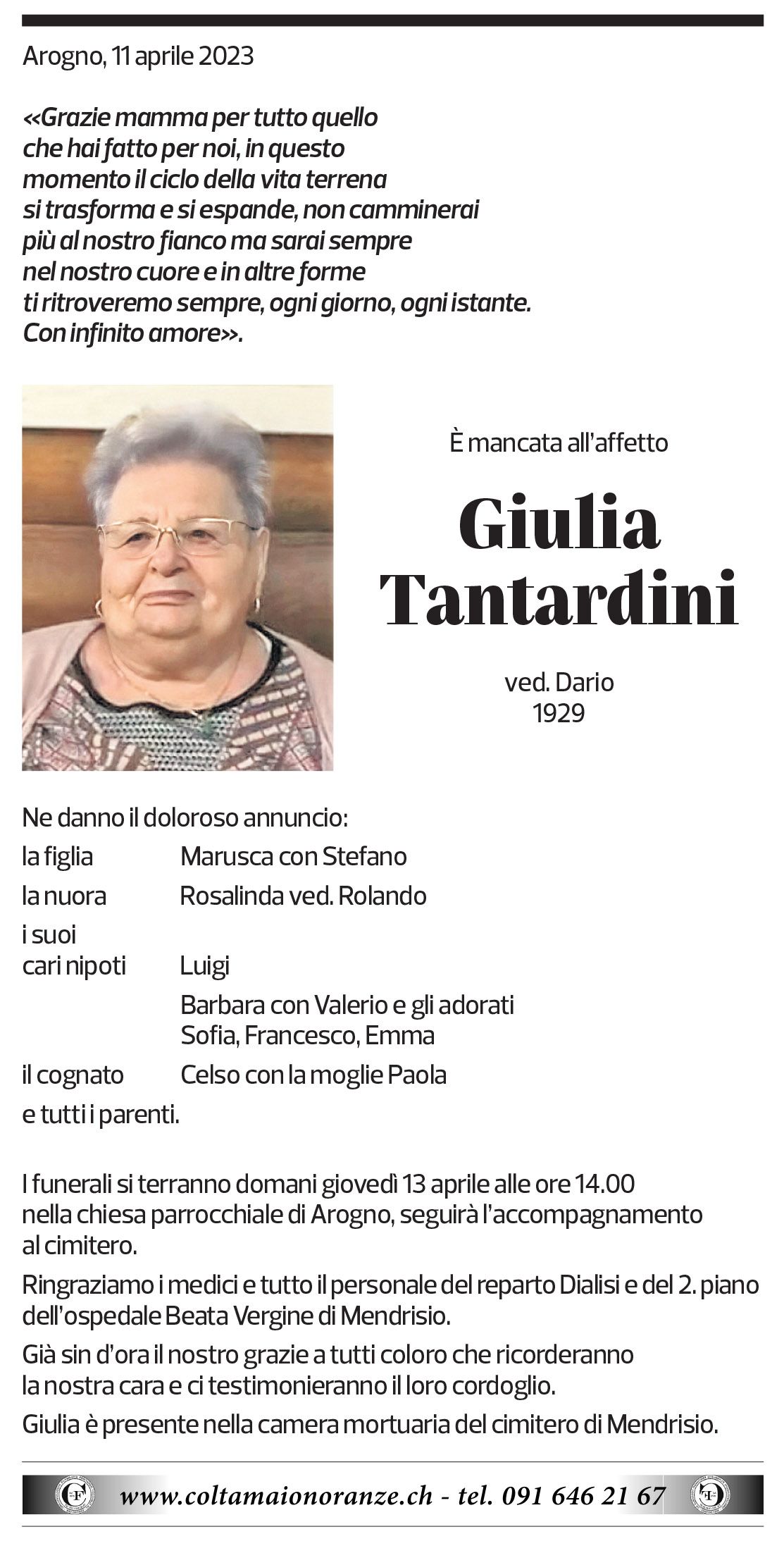 Annuncio funebre Giulia Tantardini