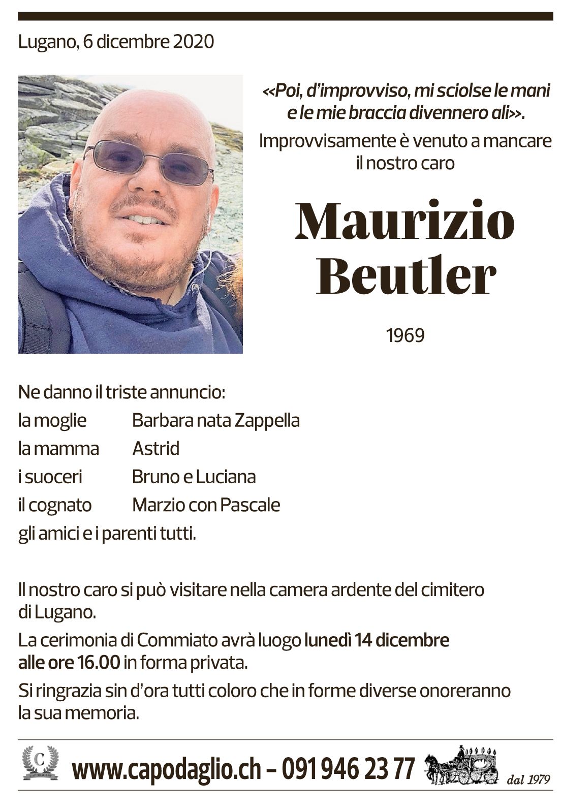 Annuncio funebre Maurizio Beutler