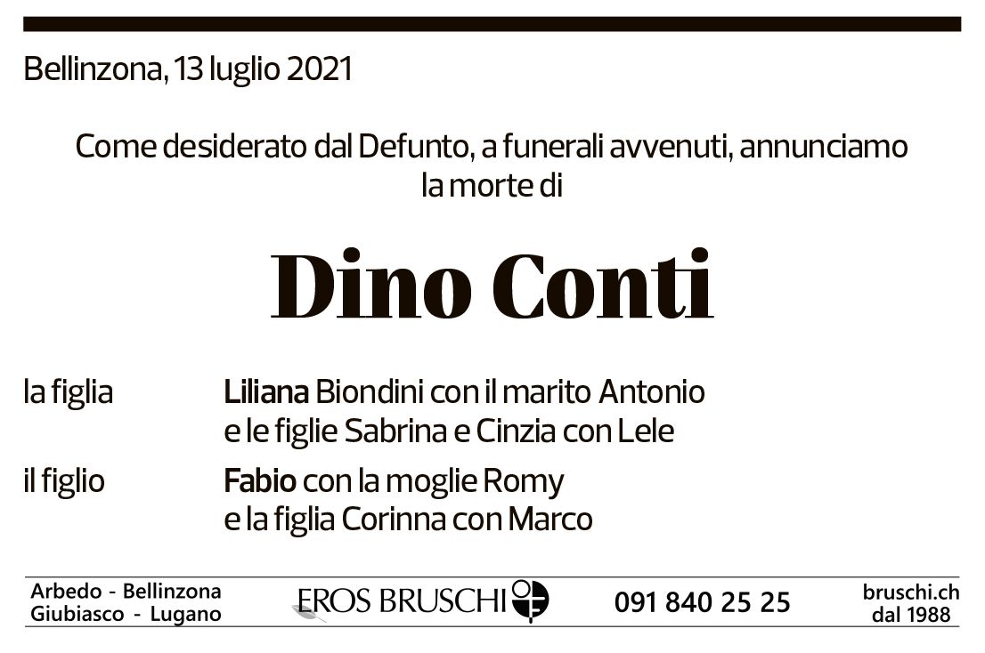 Annuncio funebre Dino Conti