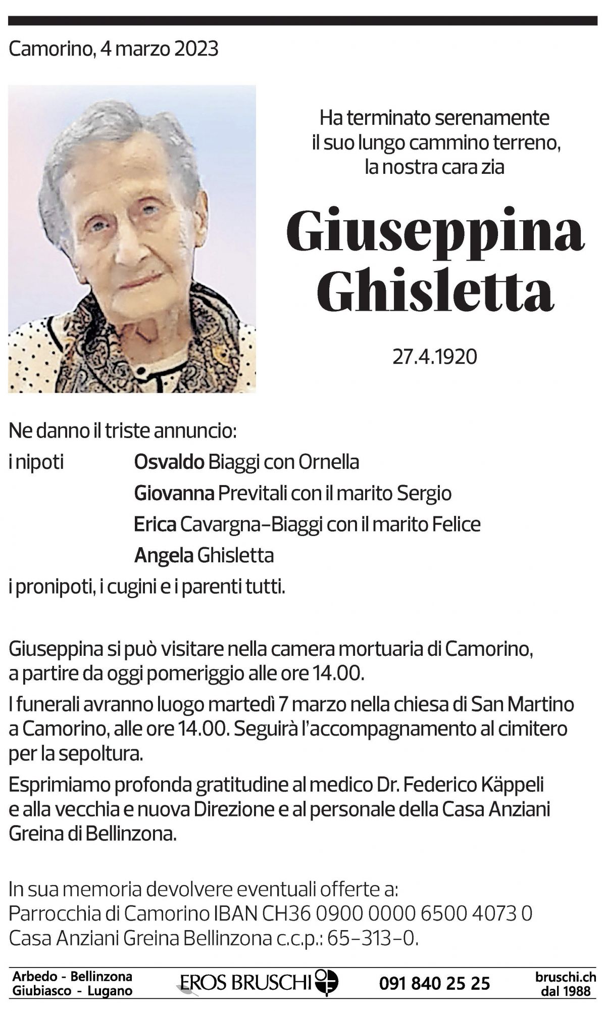 Annuncio funebre Giuseppina Ghisletta