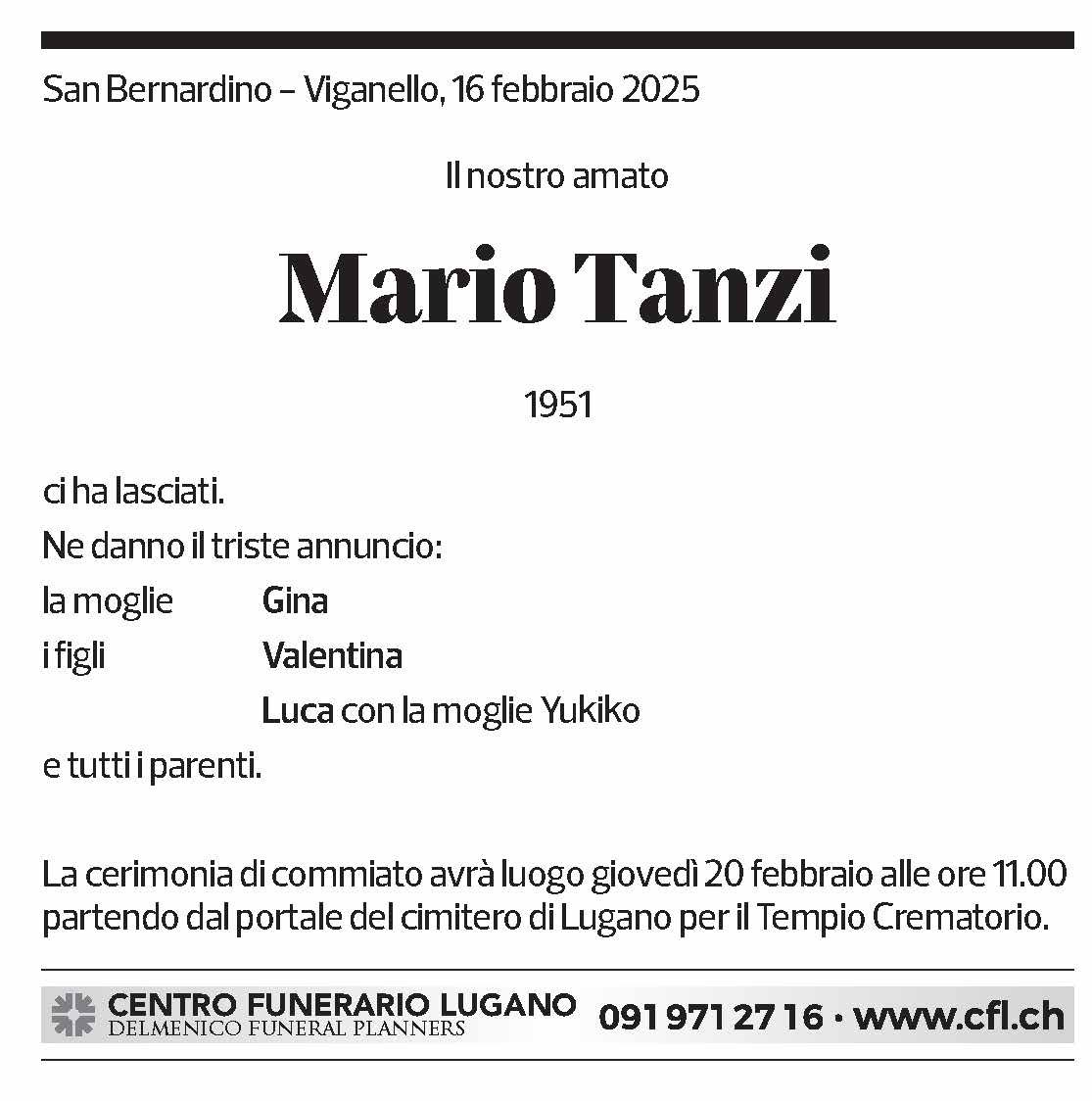 Annuncio funebre Mario Tanzi