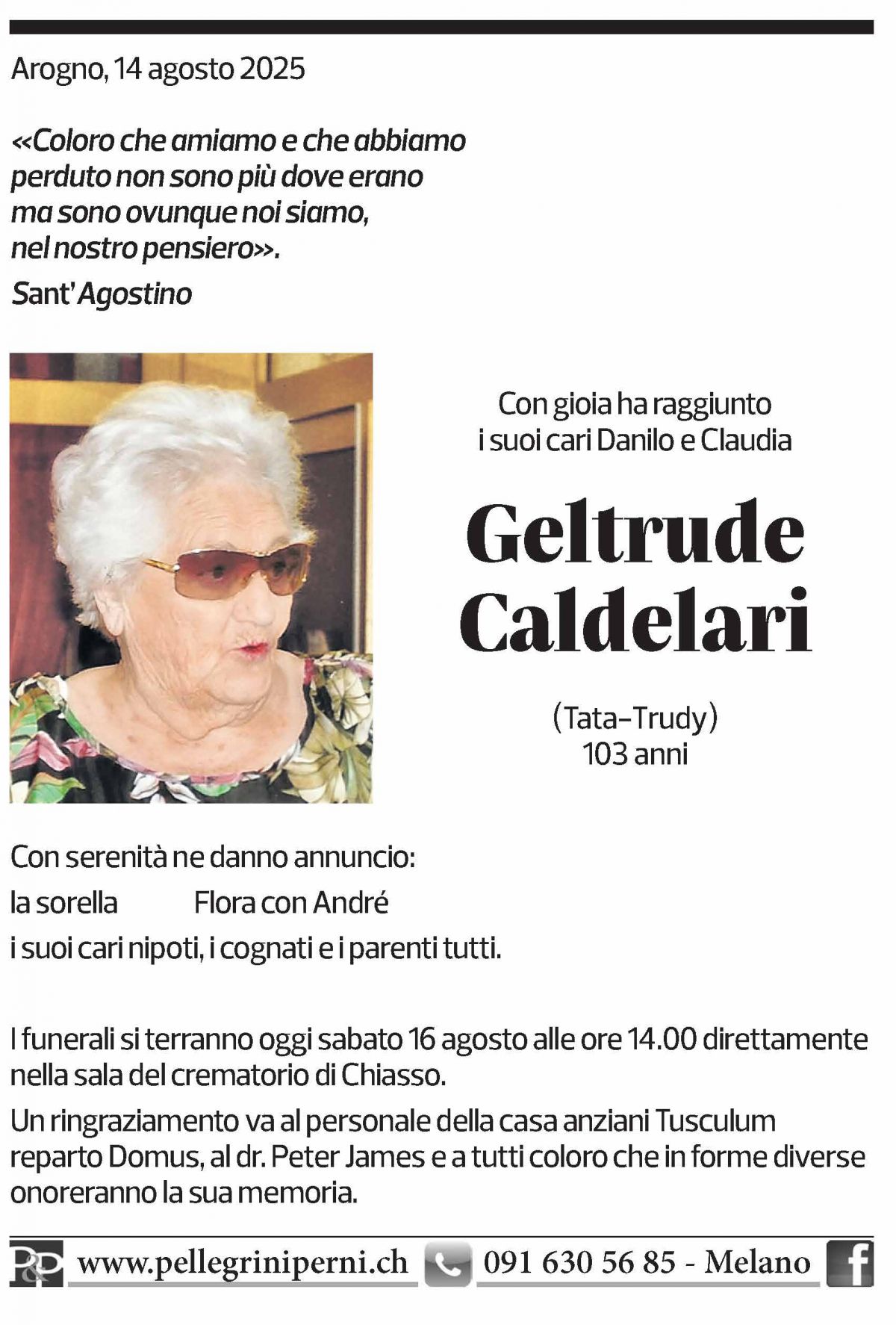 Annuncio funebre Geltrude Caldelari