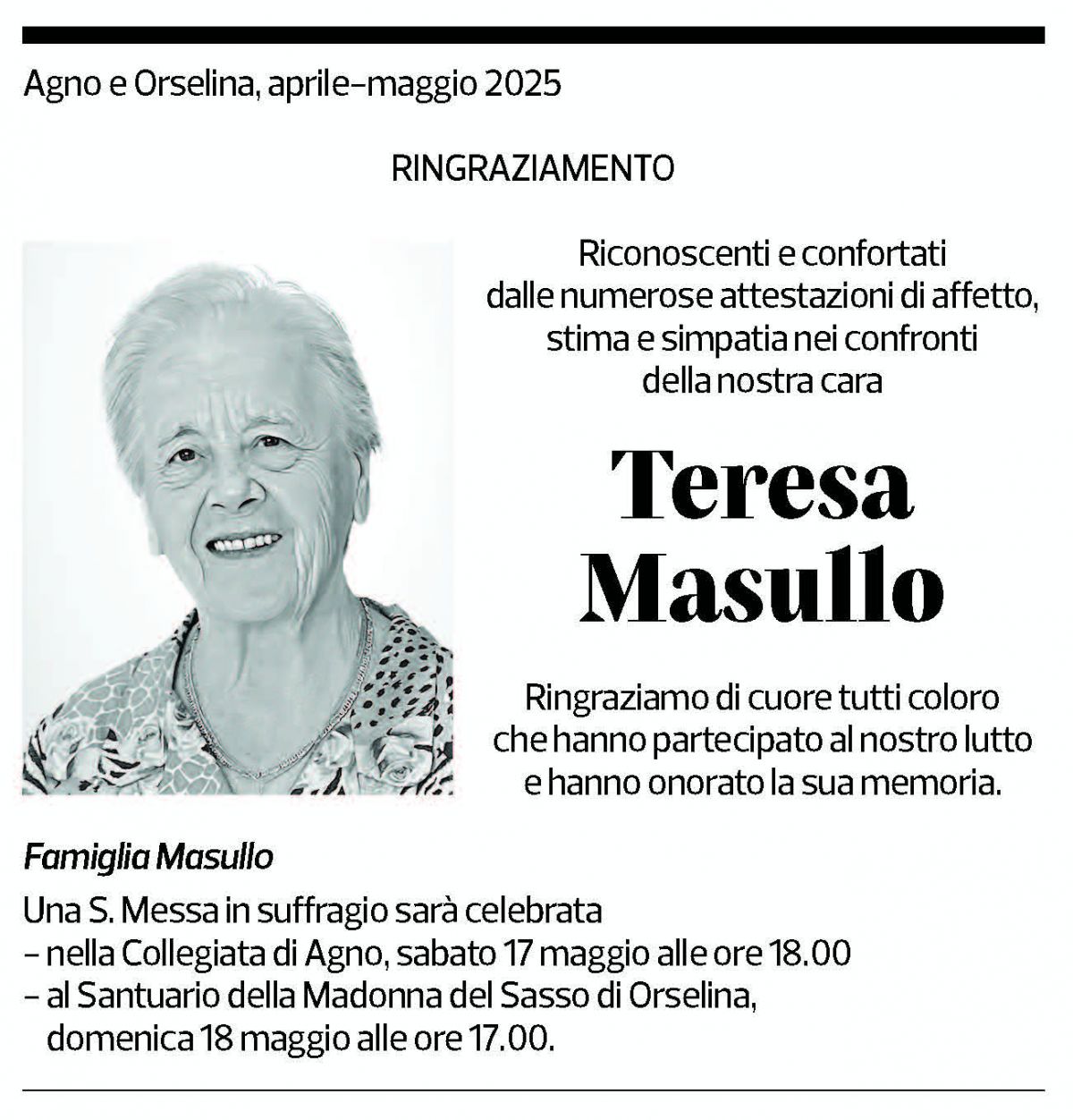 Annuncio funebre Teresa Masullo