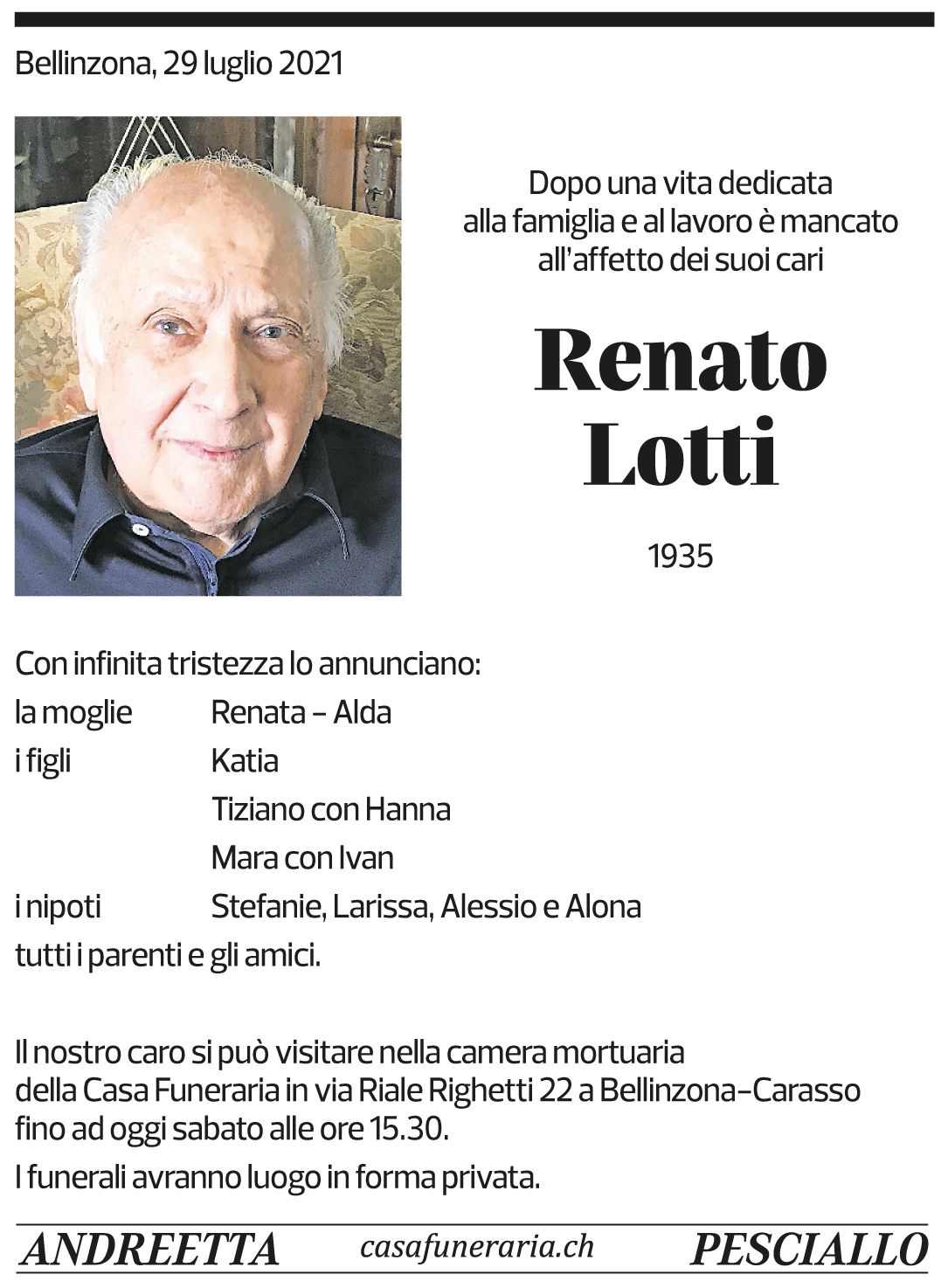 Annuncio funebre Renato Lotti